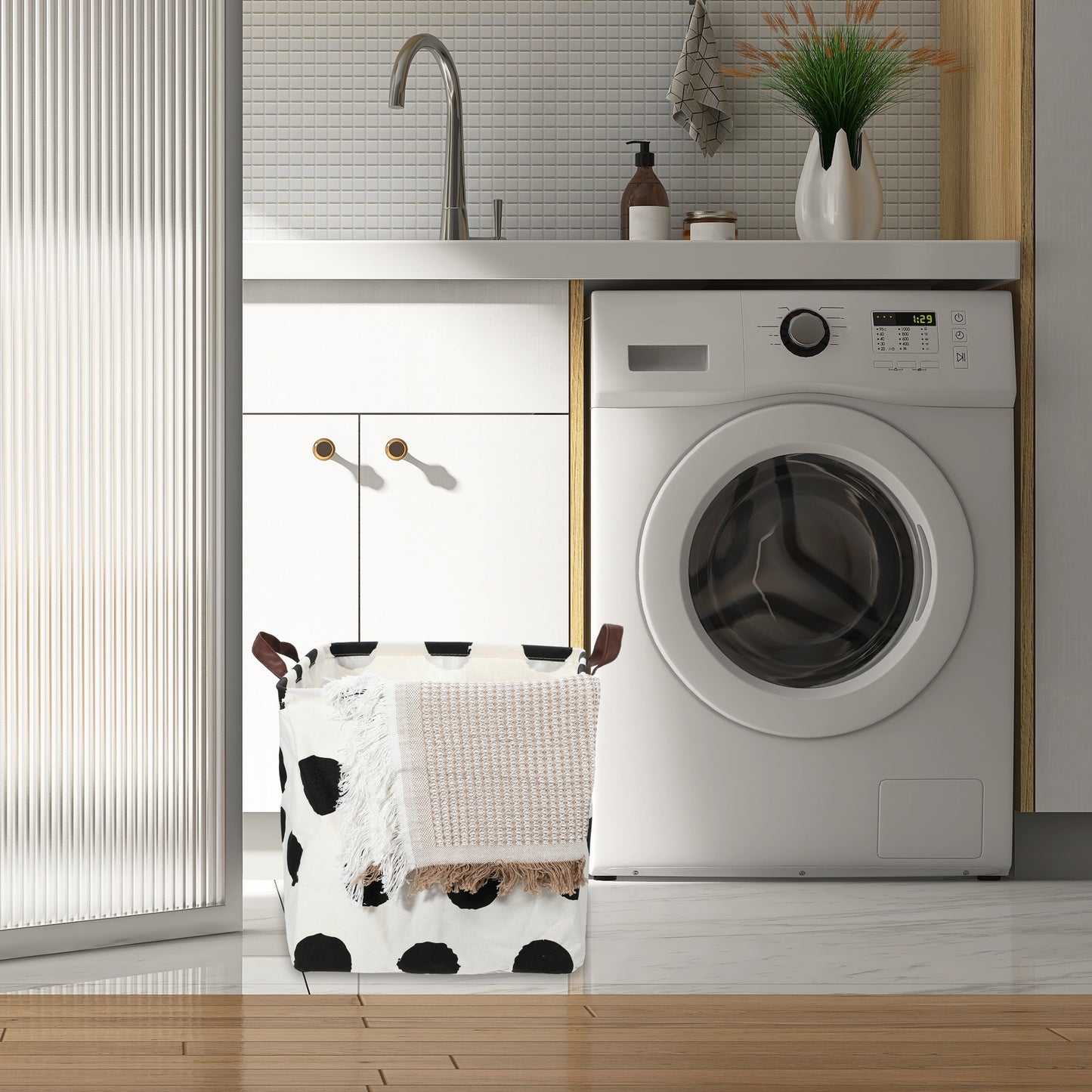 Foldable Square Laundry Basket for Laundry Room 12.60"x12.60"x12.60" 30L Black White Polka Dots