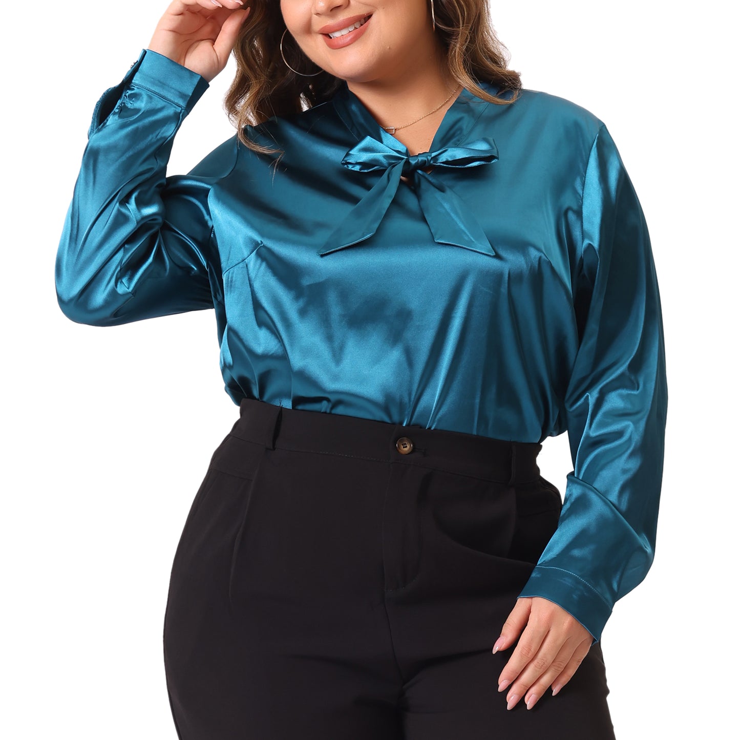 Women Plus Size Blouse Work Office Tie Neck Satin Top Blouse