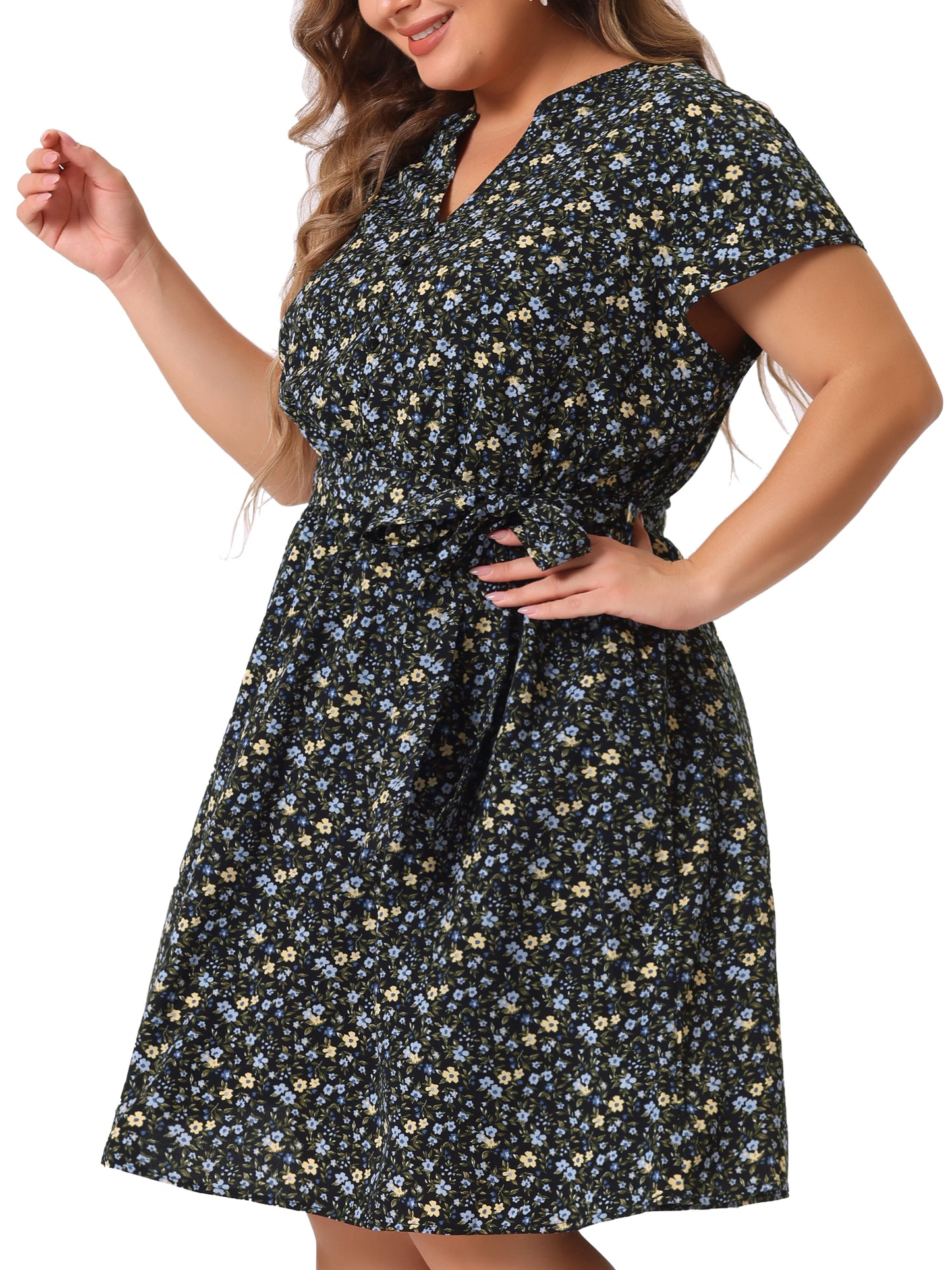 Women's Plus Size V Neck Belted Summer Floral Dresses