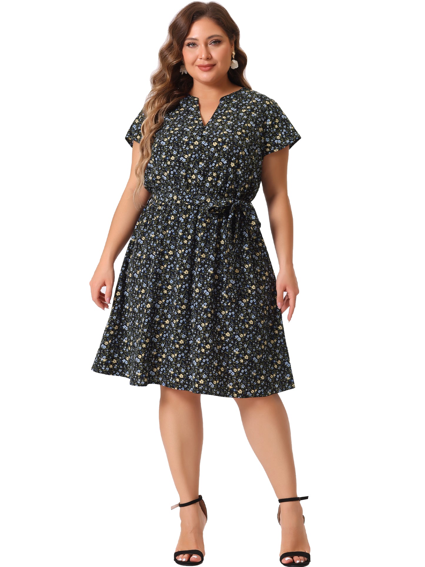Women's Plus Size V Neck Belted Summer Floral Dresses