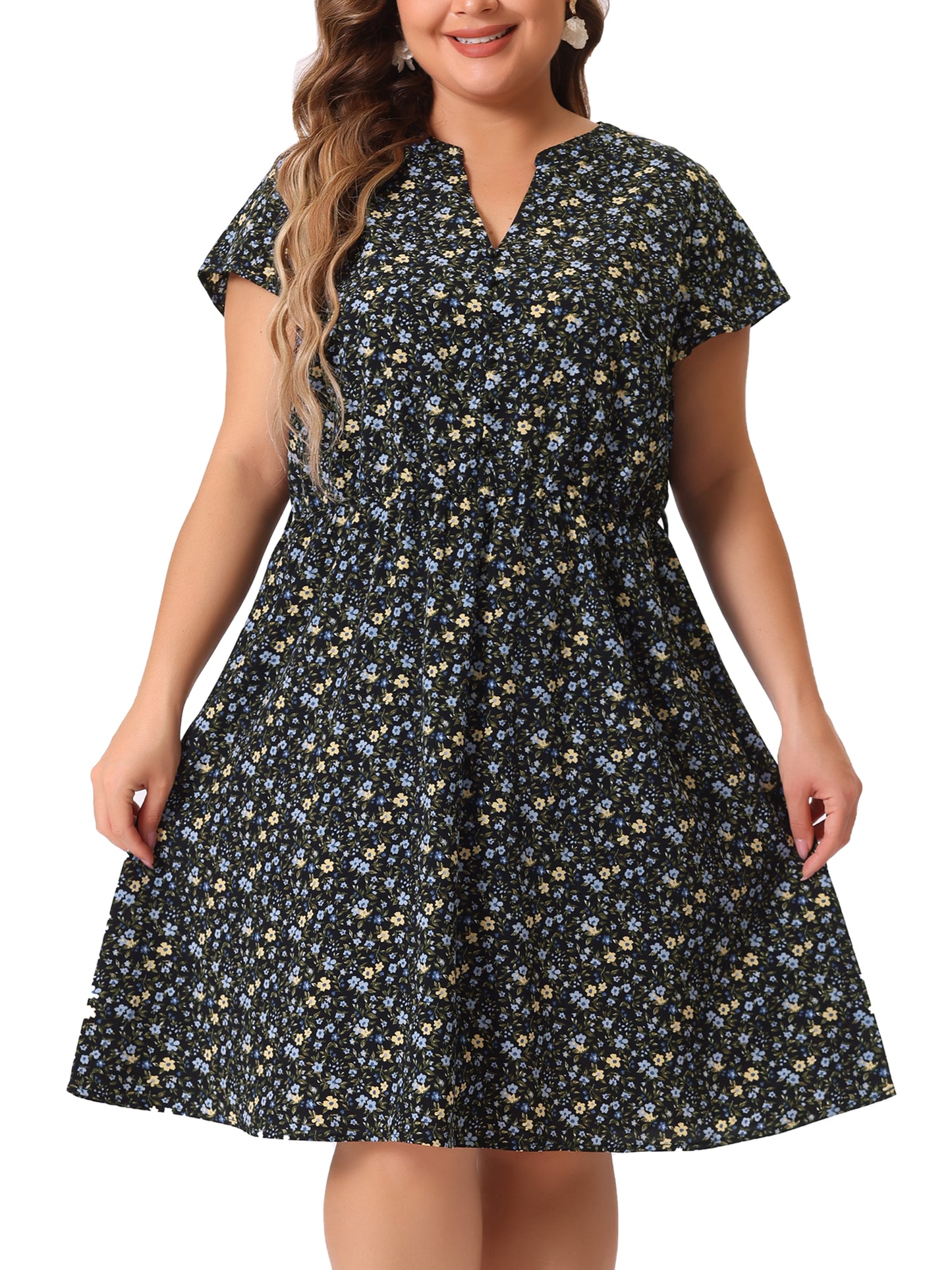 Women's Plus Size V Neck Belted Summer Floral Dresses