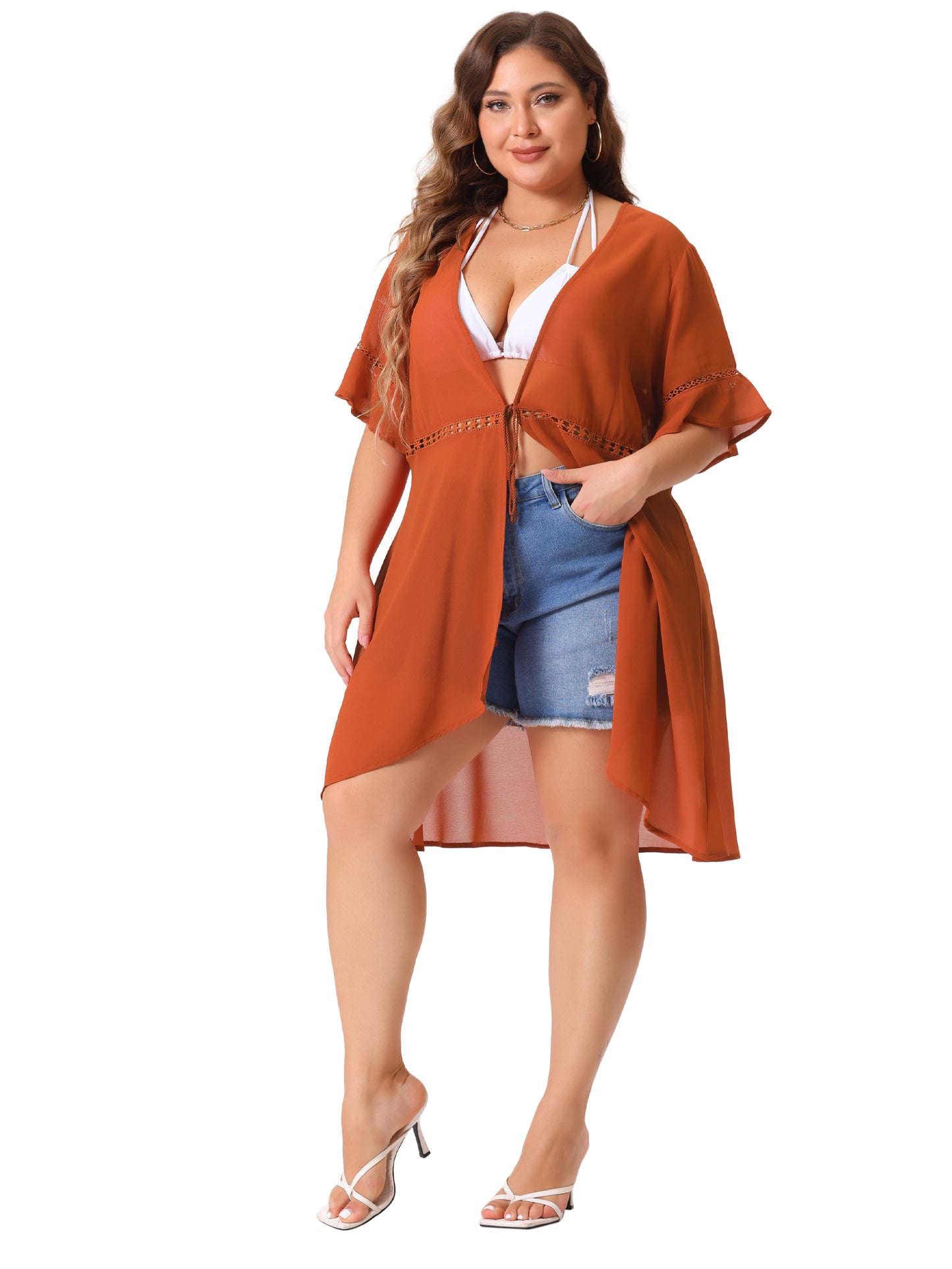 Women Plus Size Summer Bikini Cover Up Short Sleeve Tassel Tie Waist Kimono Top Cardigan