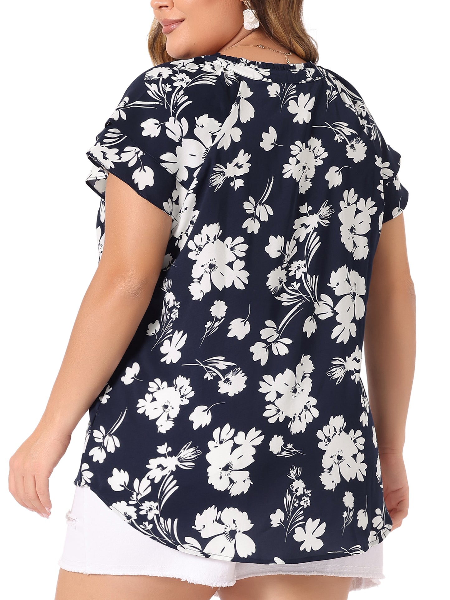 Women's Plus Size Top Floral Printed Ruffle Trim V Neck Layered Sleeve Blouse