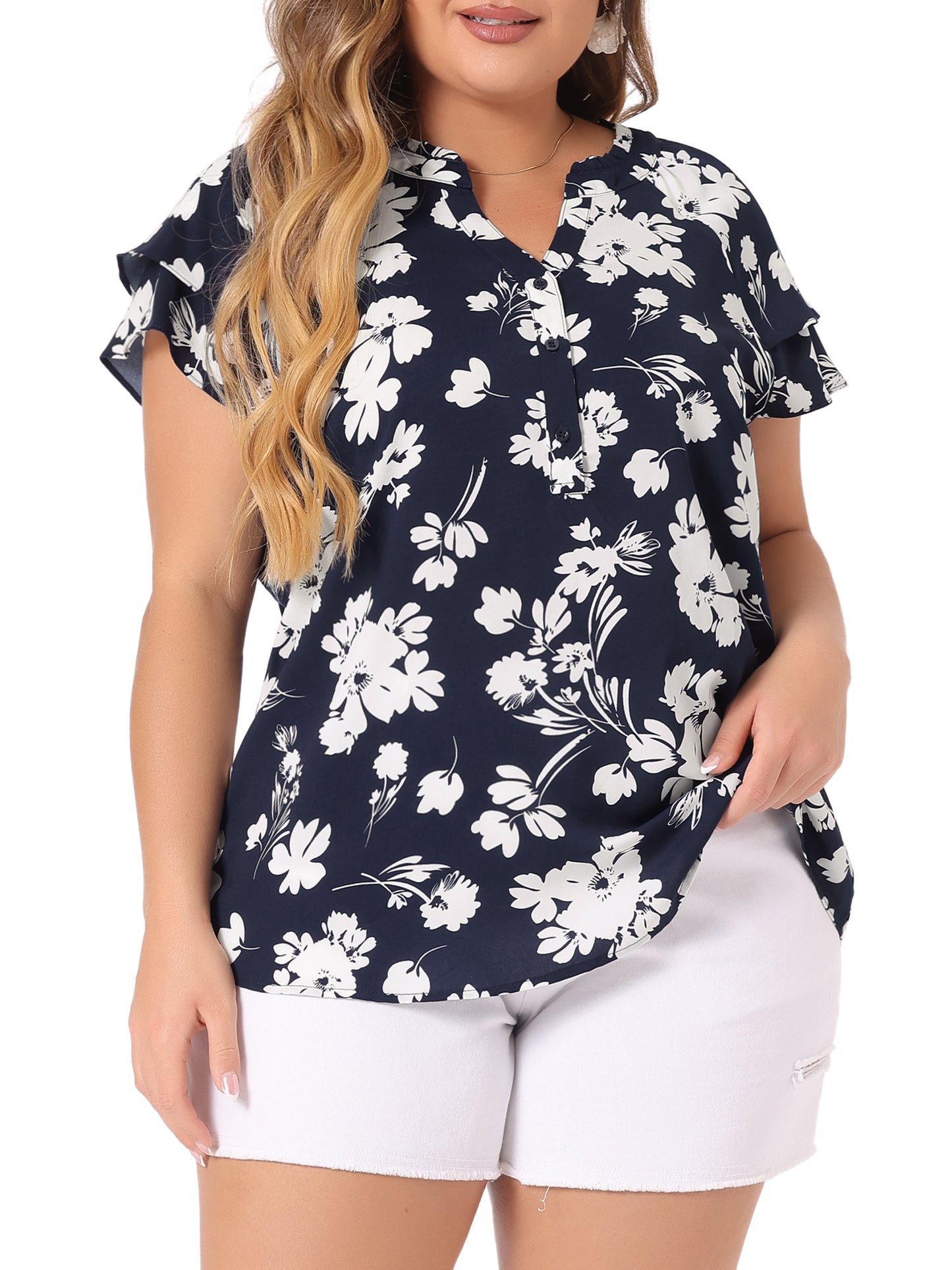 Women's Plus Size Top Floral Printed Ruffle Trim V Neck Layered Sleeve Blouse