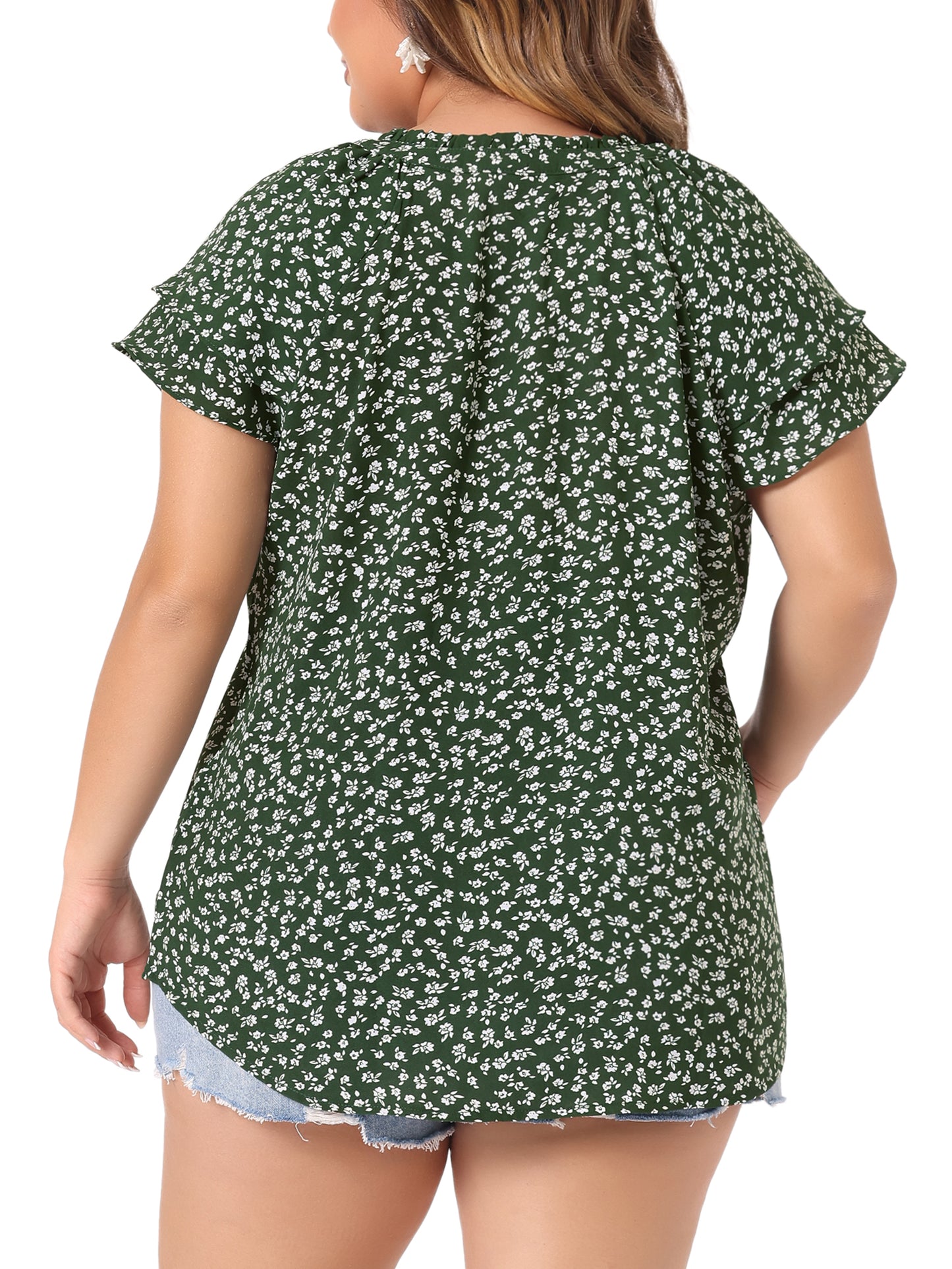 Women's Plus Size Top Floral Printed Ruffle Trim V Neck Layered Sleeve Blouse