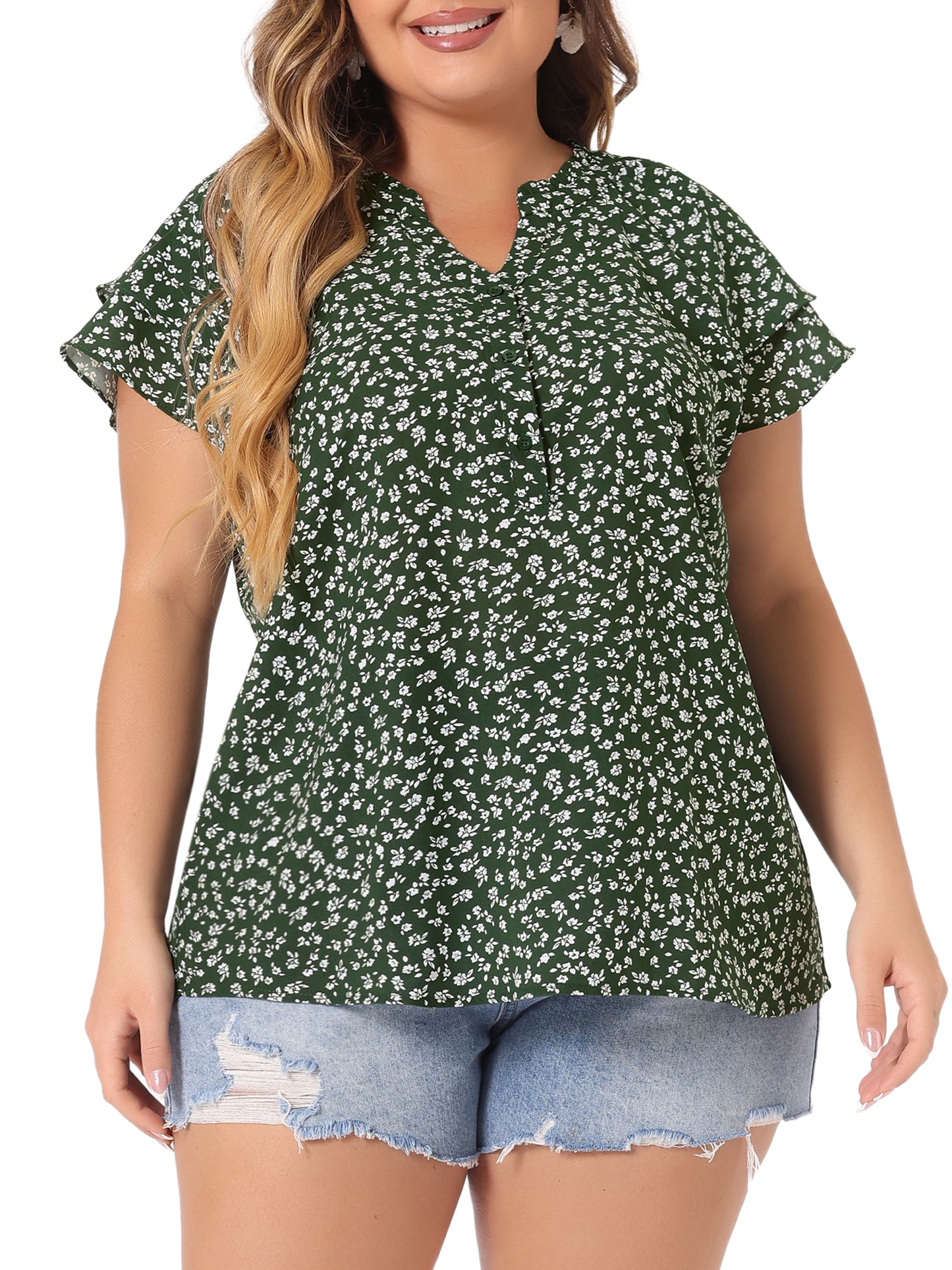 Women's Plus Size Top Floral Printed Ruffle Trim V Neck Layered Sleeve Blouse