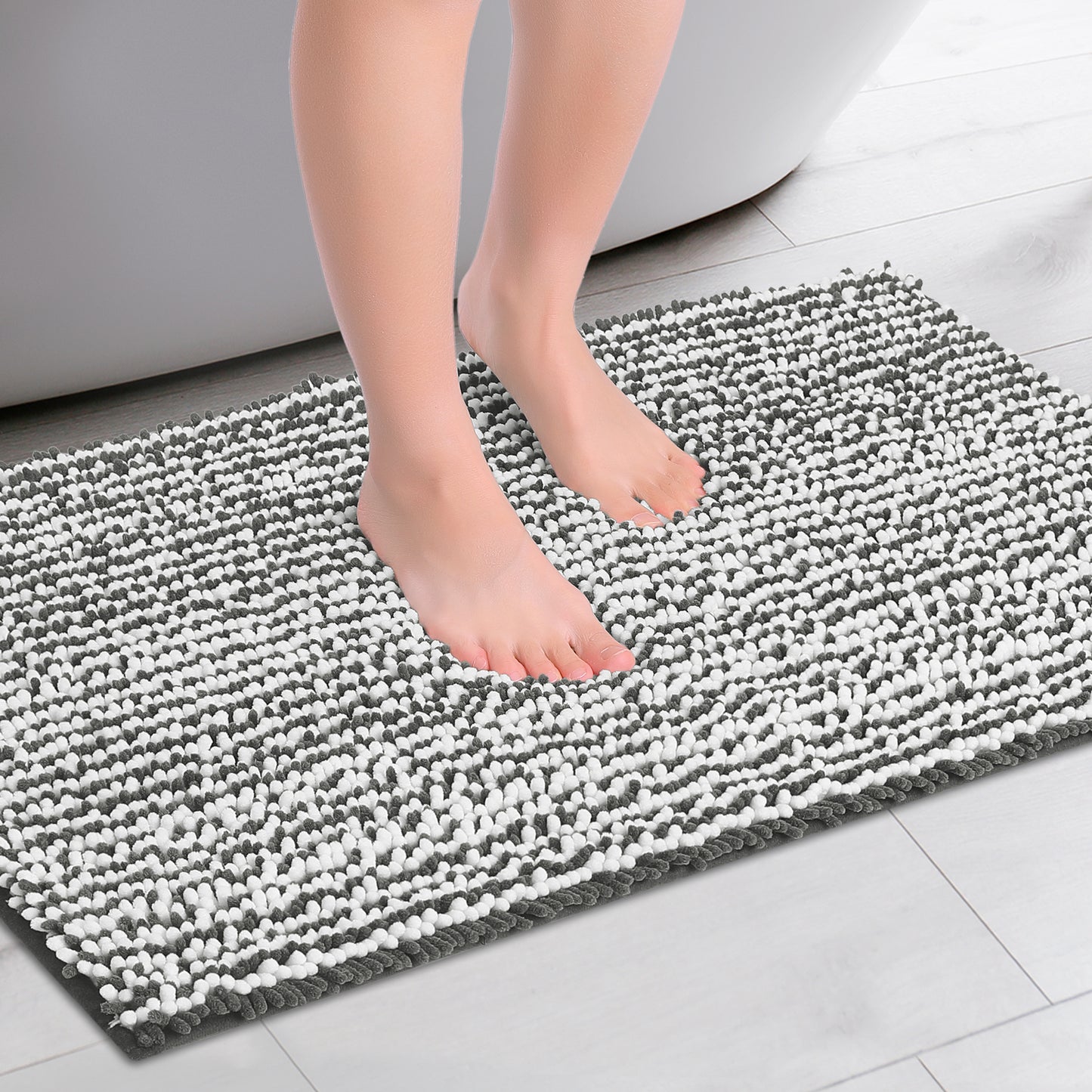 Chenille Striped Bathroom Rugs, Extra Thick and Absorbent Non-Slip Soft Plush Shaggy Bath Mats