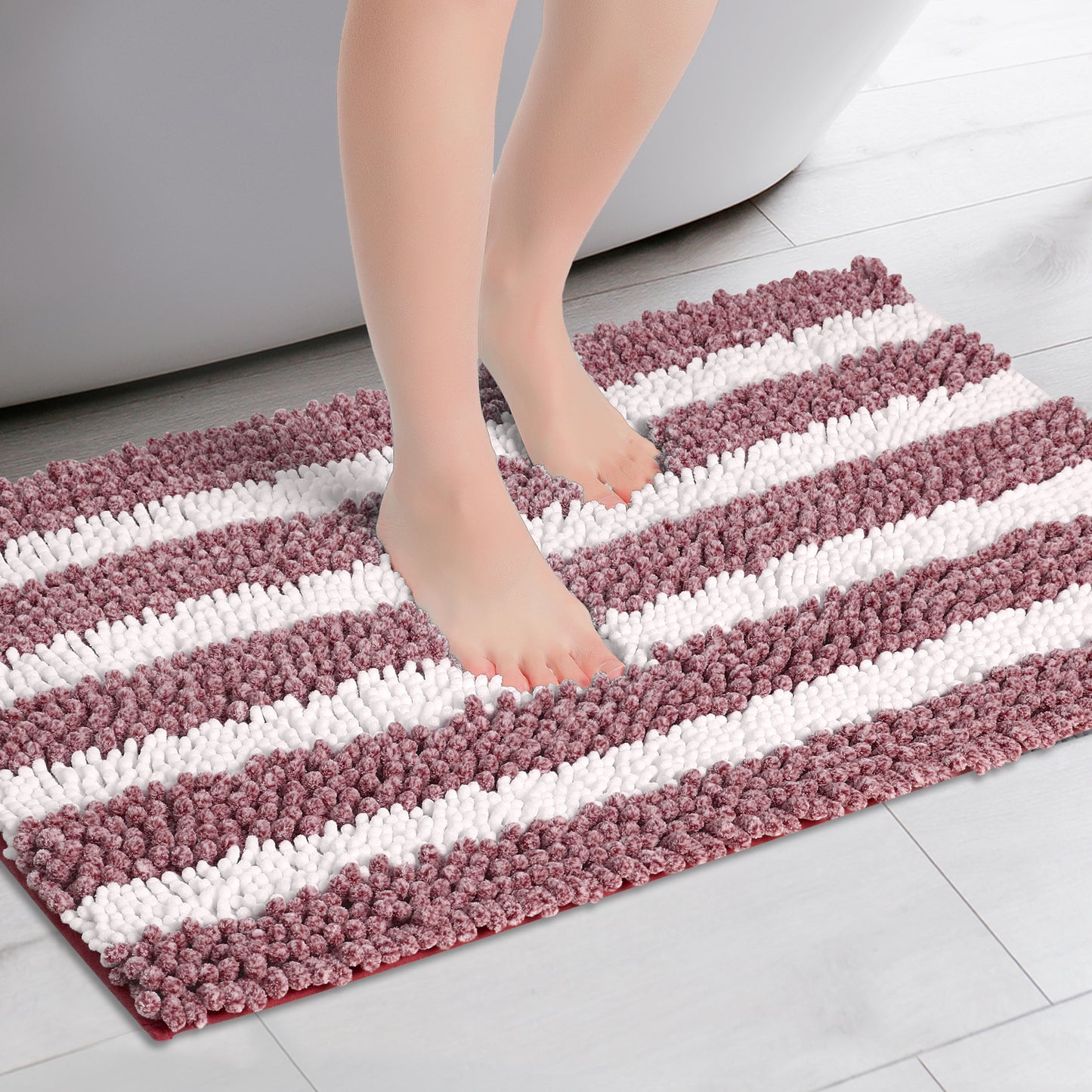 Striped Absorbent Chenille Bath Rugs, Non-Slip Plush Carpet, Machine Washable Bath Mats
