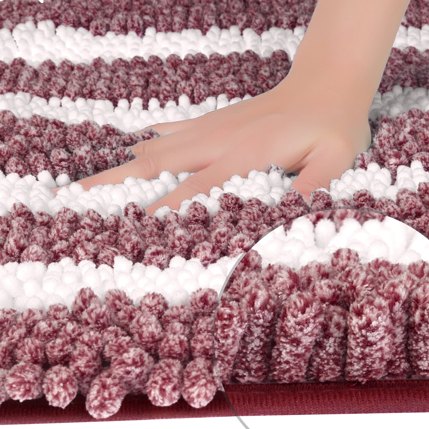 Striped Absorbent Chenille Bath Rugs, Non-Slip Plush Carpet, Machine Washable Bath Mats