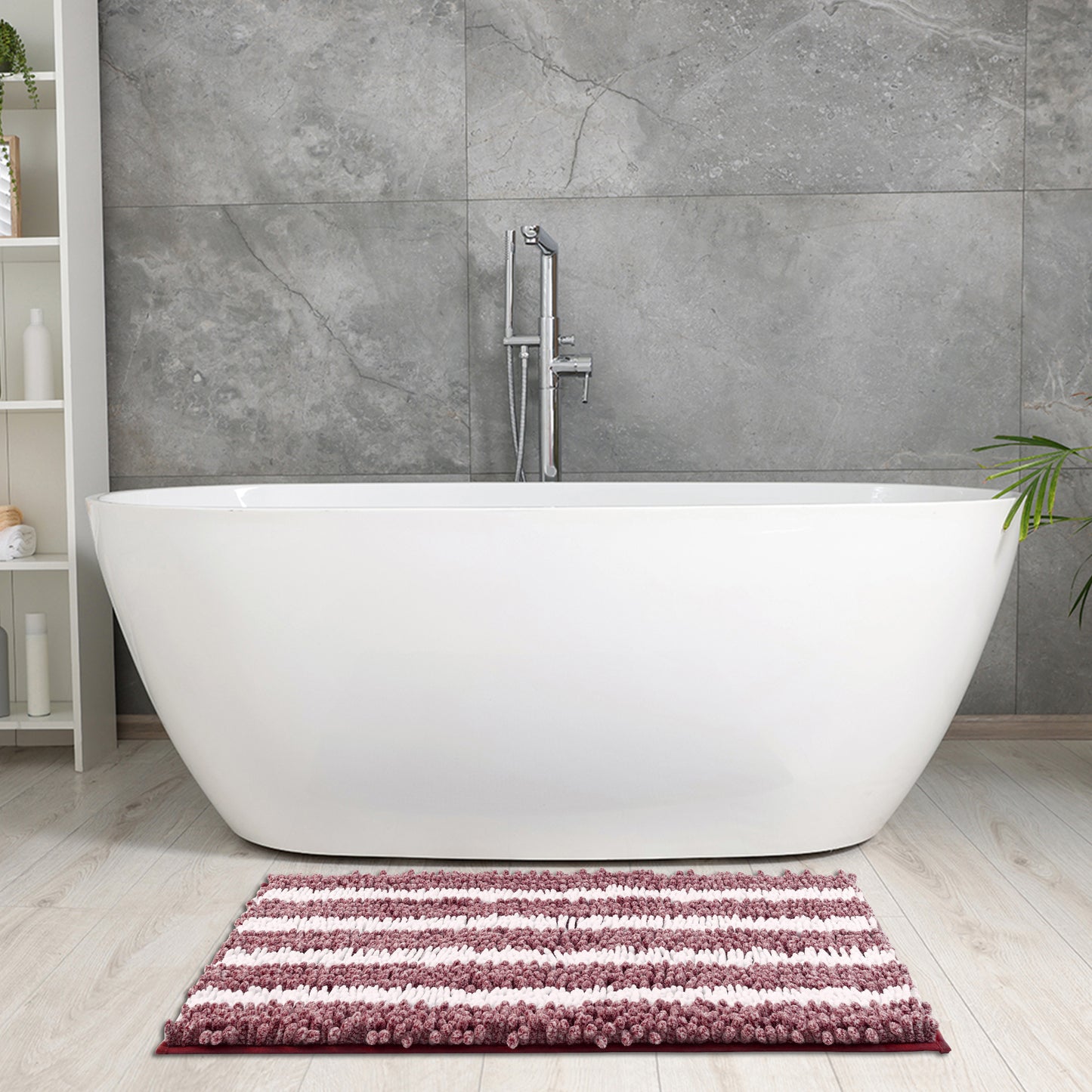 Striped Absorbent Chenille Bath Rugs, Non-Slip Plush Carpet, Machine Washable Bath Mats