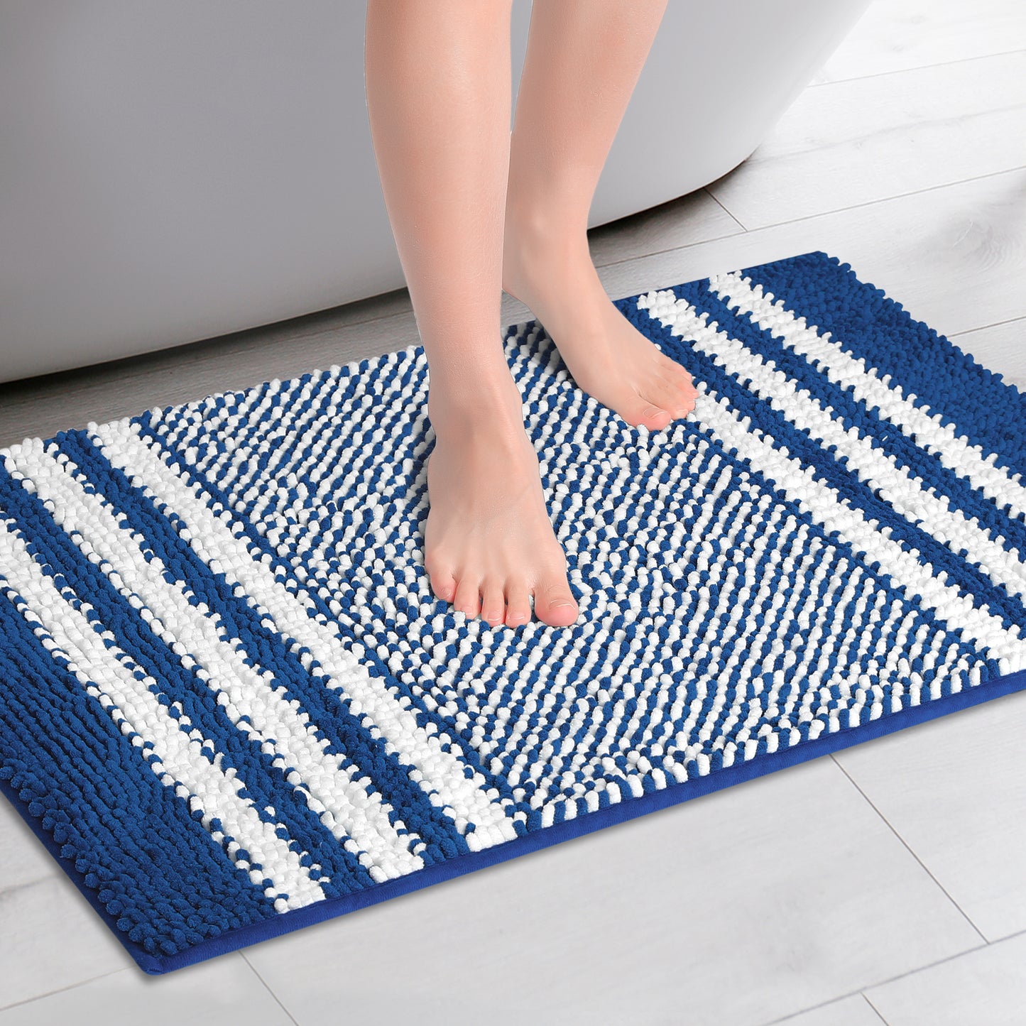 Striped Chenille Bathroom Rug with Edges, Non-Slip Bathroom Floor Mat, Machine Washable