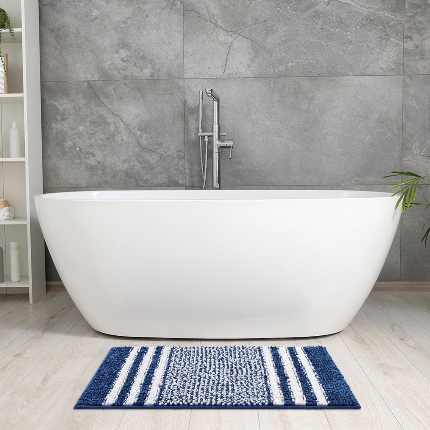 Striped Chenille Bathroom Rug with Edges, Non-Slip Bathroom Floor Mat, Machine Washable