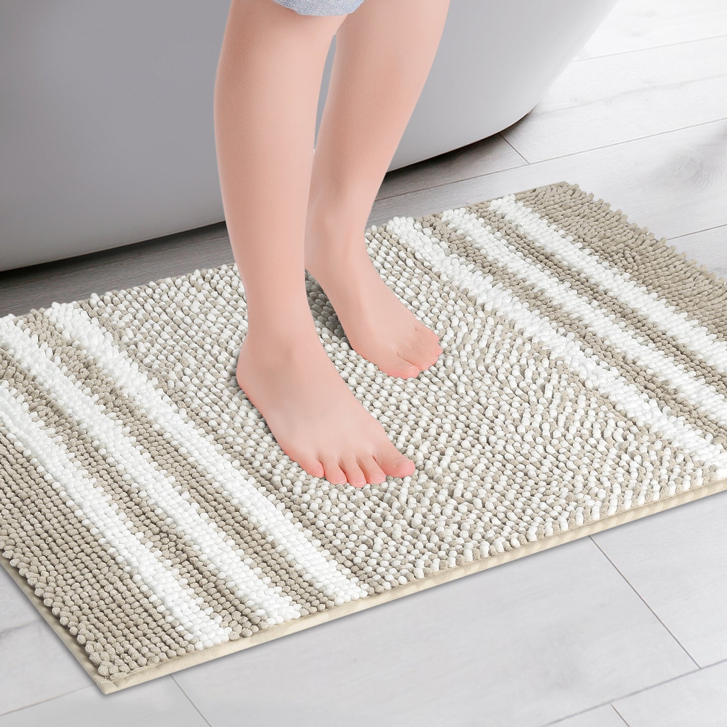Striped Chenille Bathroom Rug with Edges, Non-Slip Bathroom Floor Mat, Machine Washable