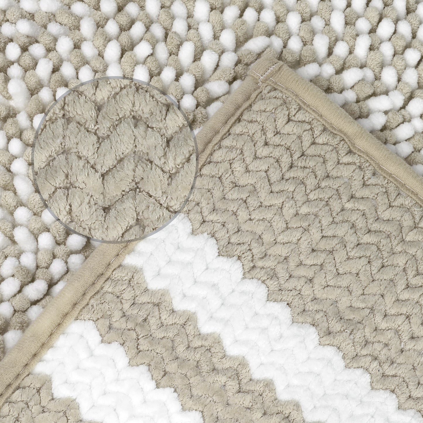 Striped Chenille Bathroom Rug with Edges, Non-Slip Bathroom Floor Mat, Machine Washable