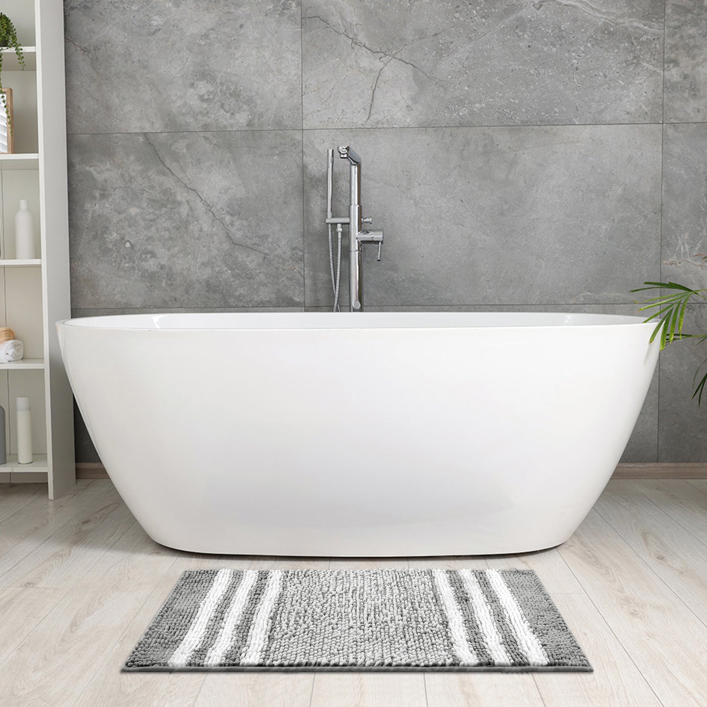 Striped Chenille Bathroom Rug with Edges, Non-Slip Bathroom Floor Mat, Machine Washable