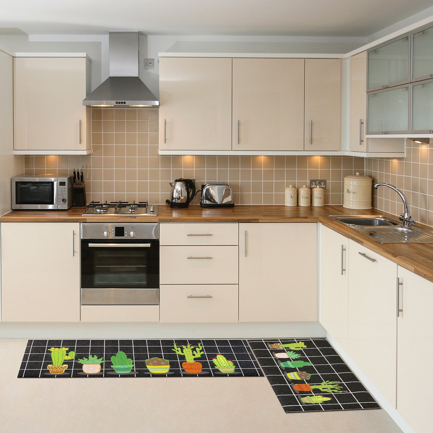 Cactus Kitchen Rug 1 Piece, Summer Farmhouse Decorations Black Pattern Runner Rugs