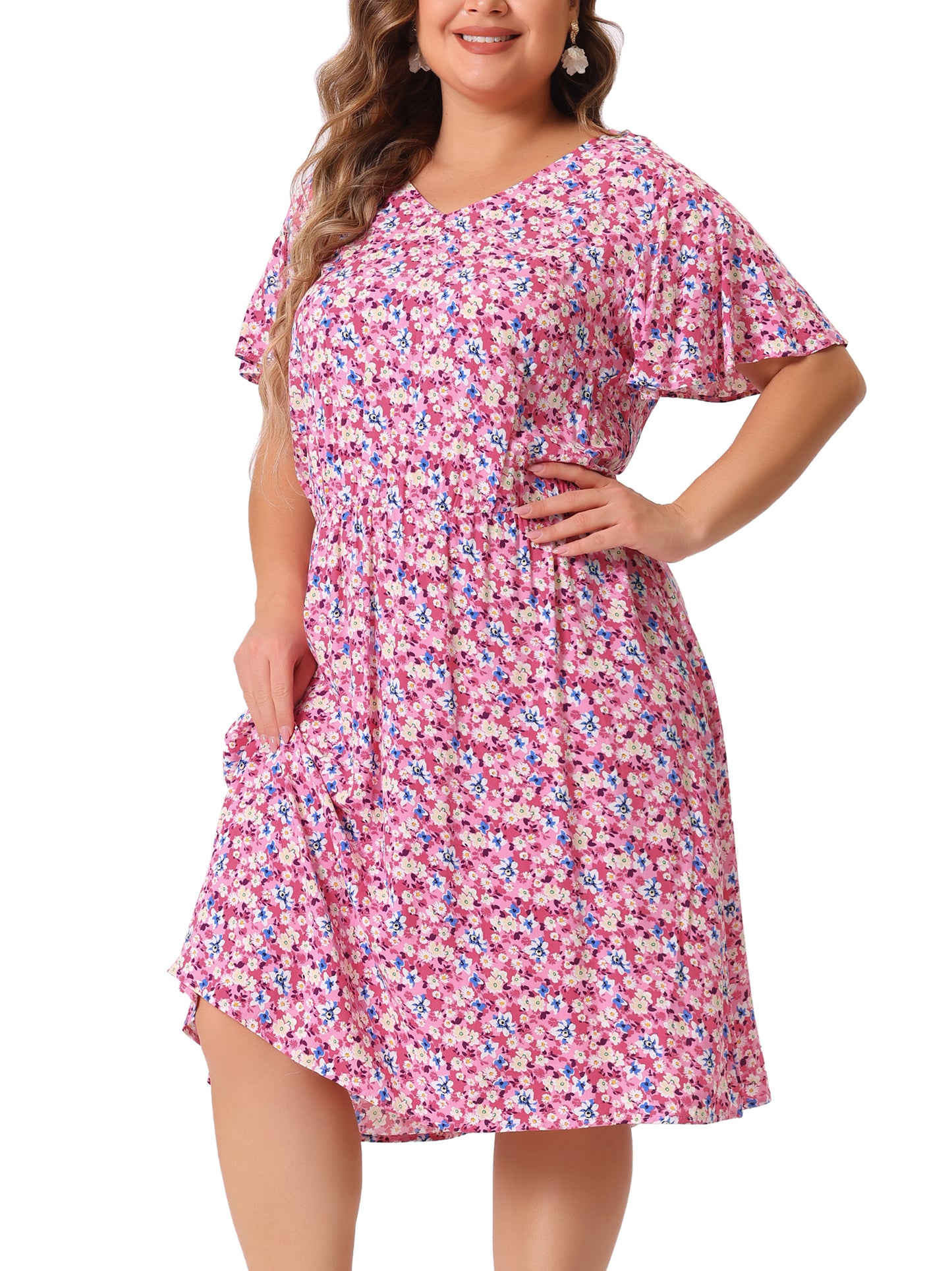 Women Plus Size Summer V Neck Flare Sleeve Sundress Peplum Midi Ruffle Dress
