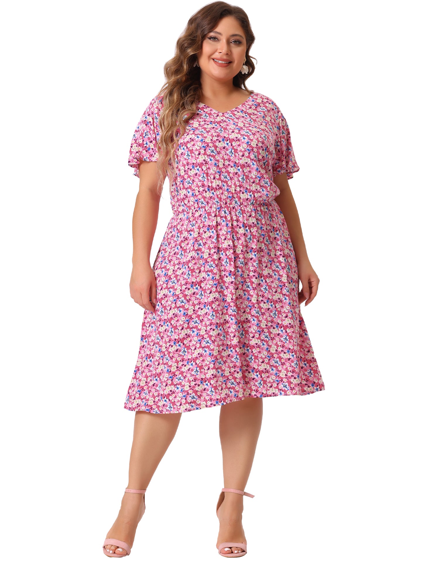 Women Plus Size Summer V Neck Flare Sleeve Sundress Peplum Midi Ruffle Dress