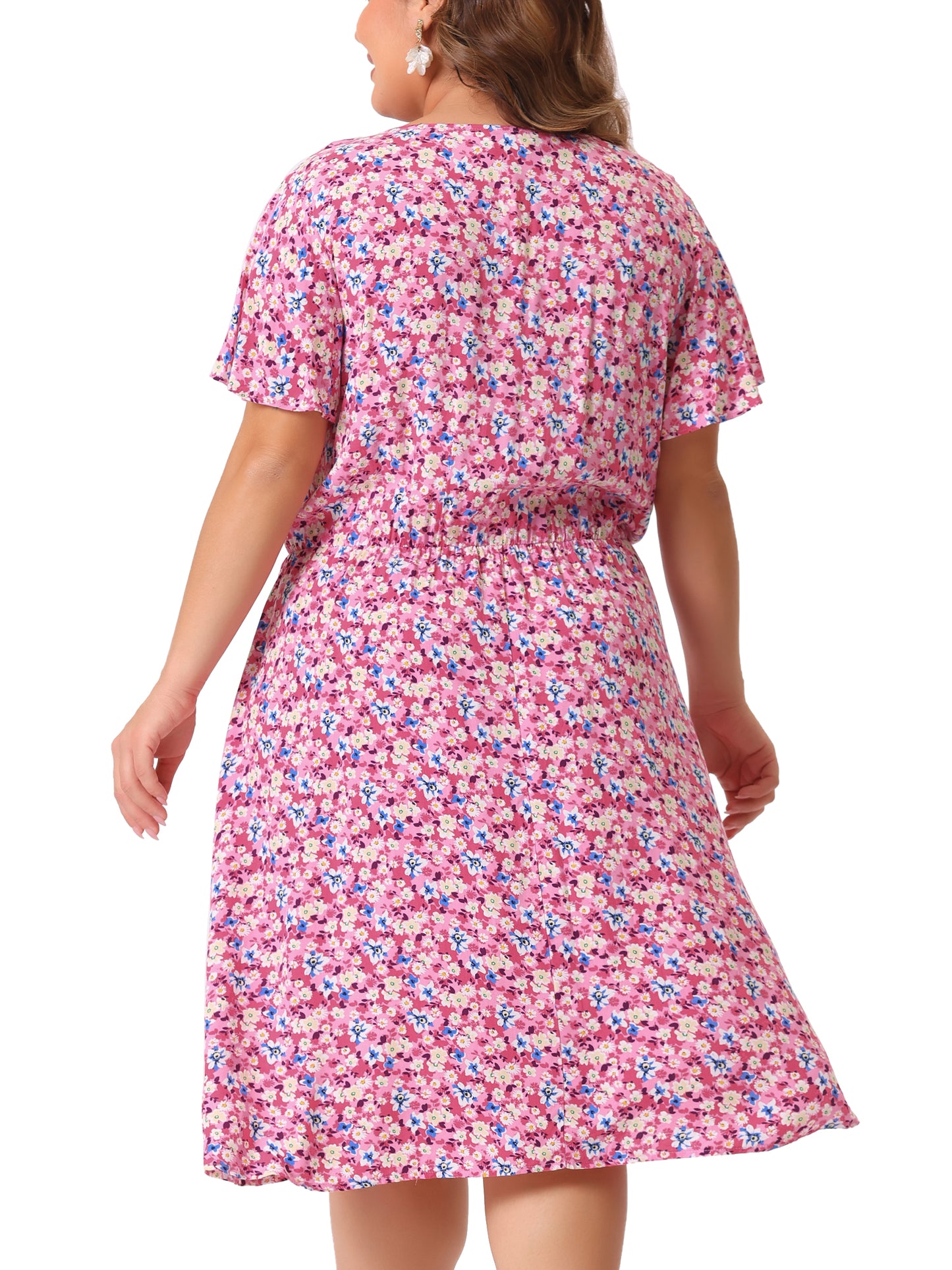 Women Plus Size Summer V Neck Flare Sleeve Sundress Peplum Midi Ruffle Dress