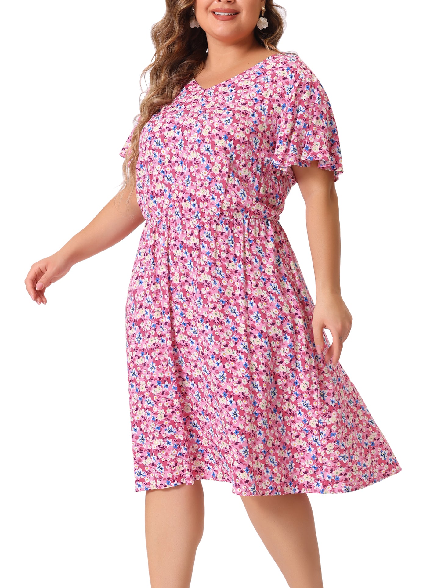 Women Plus Size Summer V Neck Flare Sleeve Sundress Peplum Midi Ruffle Dress