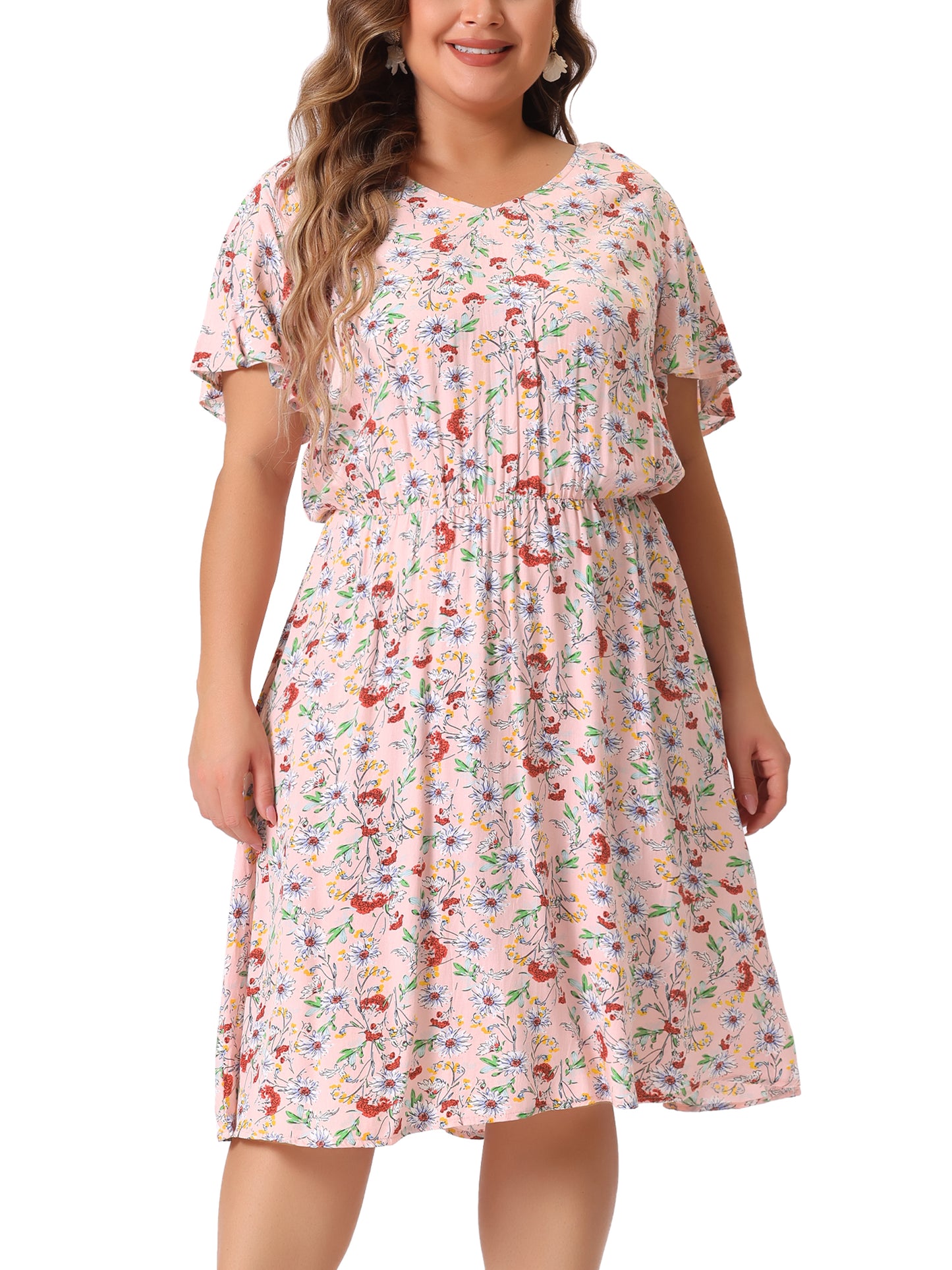 Women Plus Size Summer V Neck Flare Sleeve Sundress Peplum Midi Ruffle Dress