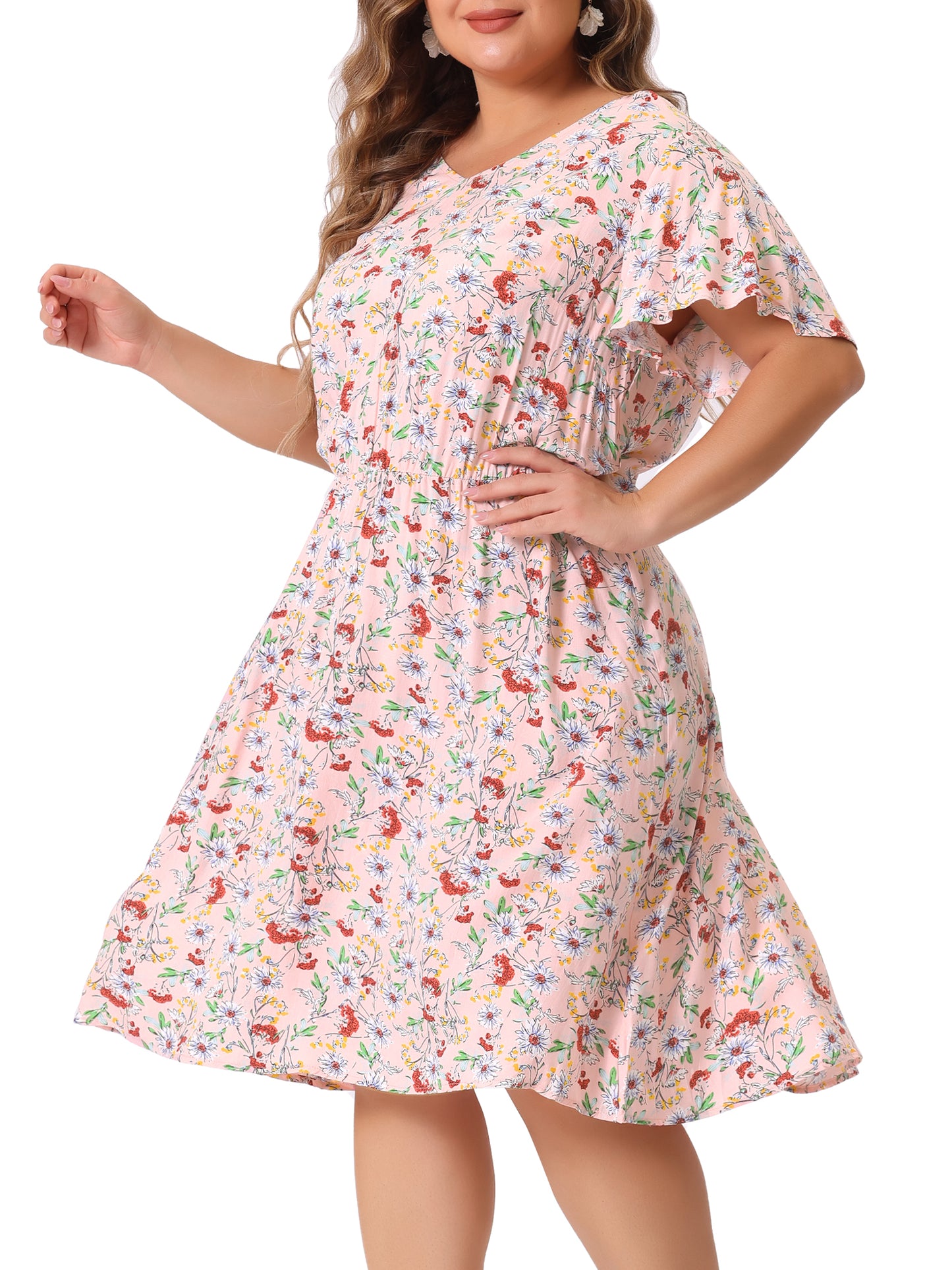 Women Plus Size Summer V Neck Flare Sleeve Sundress Peplum Midi Ruffle Dress