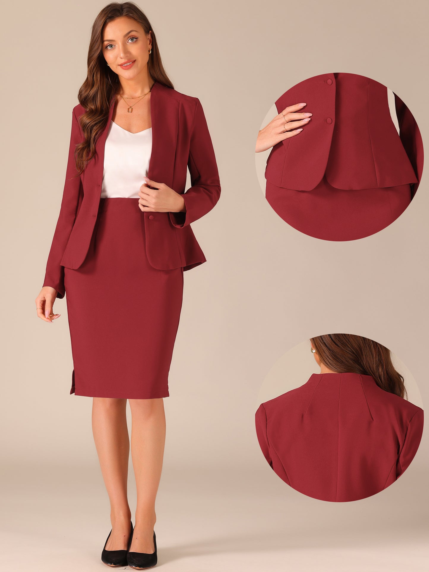 Women's 2 Piece Suit Skirt Set Business Formal Collarless Blazer and Pencil Skirt