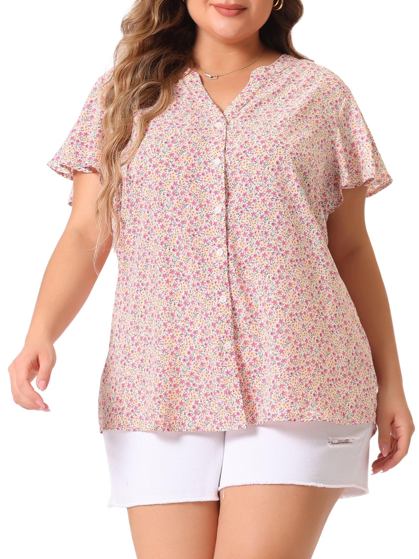 Women Plus Size Chiffon Flare Short Sleeve Button Down Floral Blouse Shirt