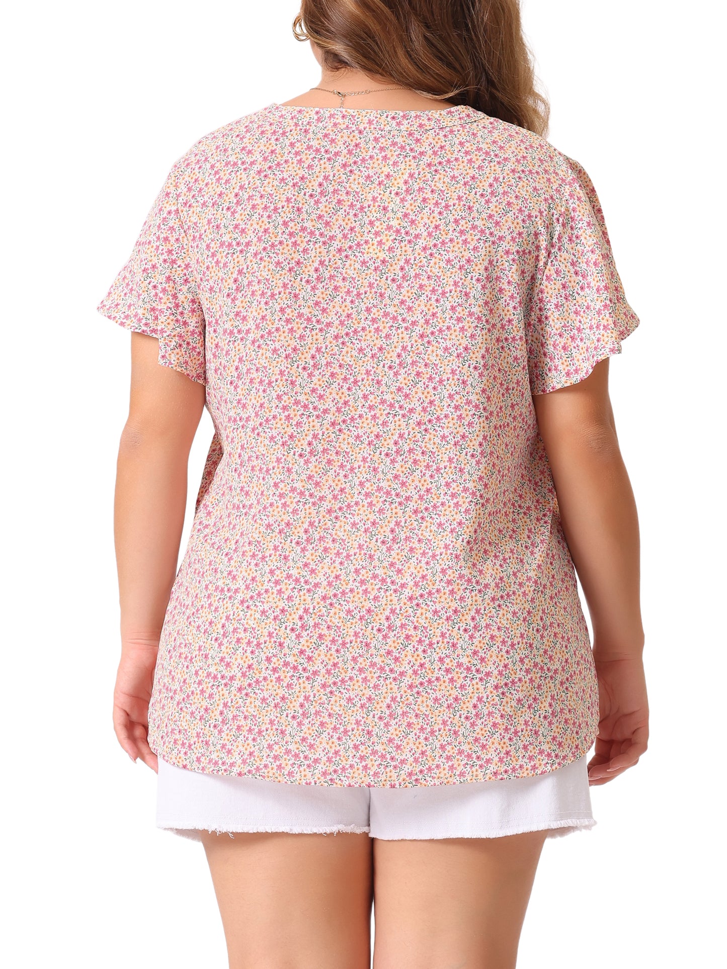 Women Plus Size Chiffon Flare Short Sleeve Button Down Floral Blouse Shirt