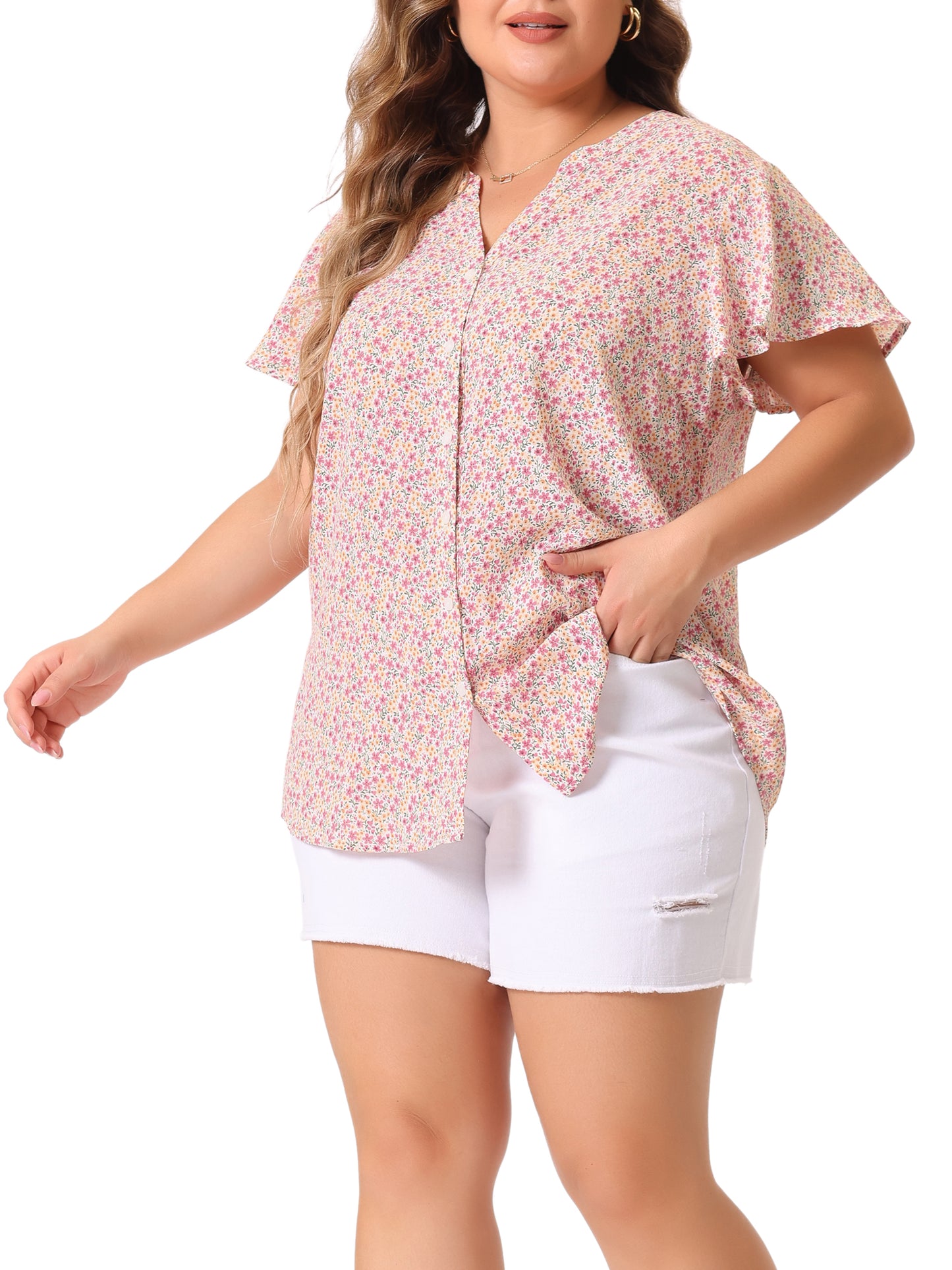 Women Plus Size Chiffon Flare Short Sleeve Button Down Floral Blouse Shirt