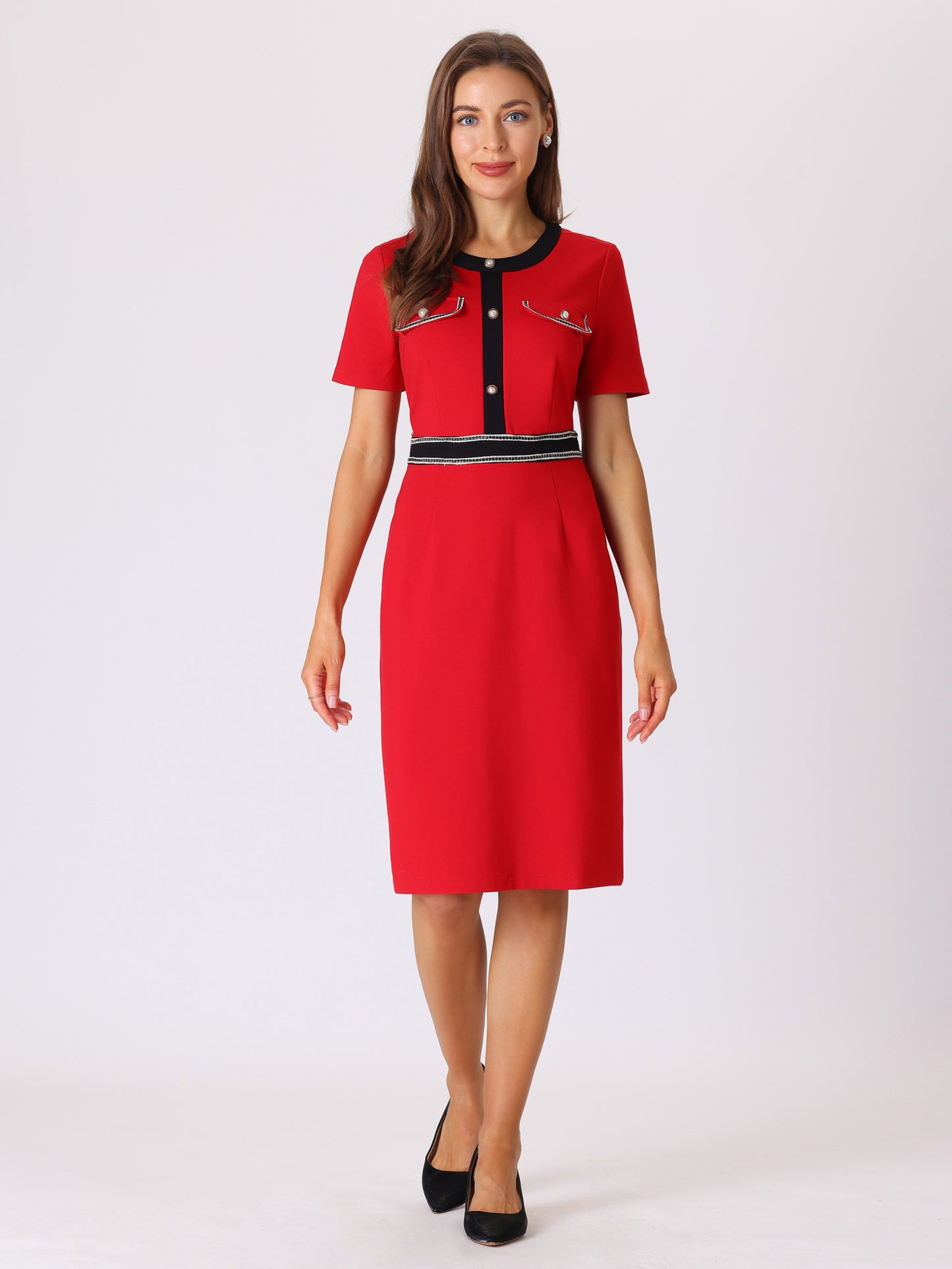 Women's Bodycon Pencil Dress Contrast Color Formal Work Knee Length Sheath Dresses