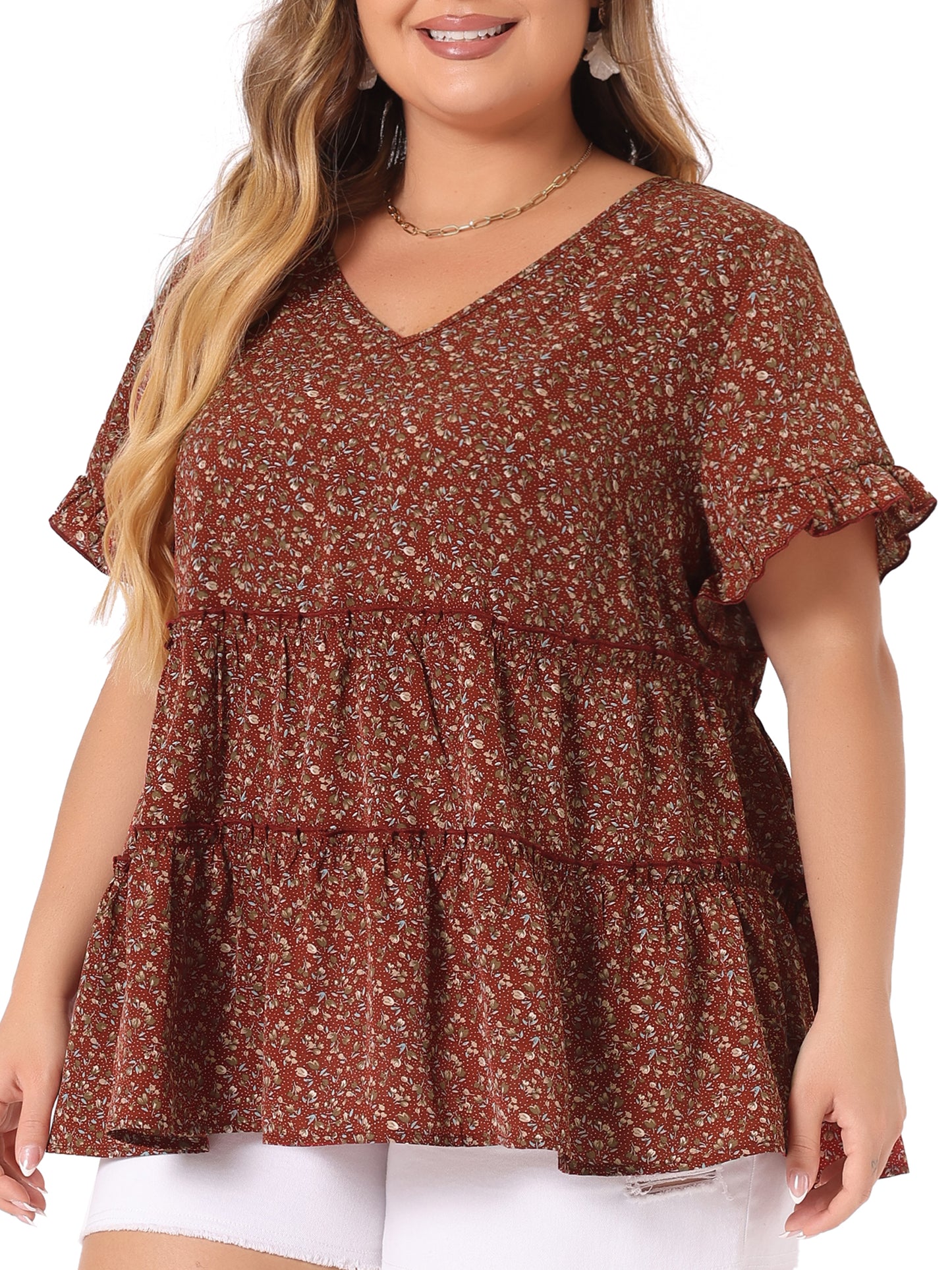Women's Plus Size Blouse Summer Tops V Neck Short Sleeve Boho Floral Babydolls Blouse