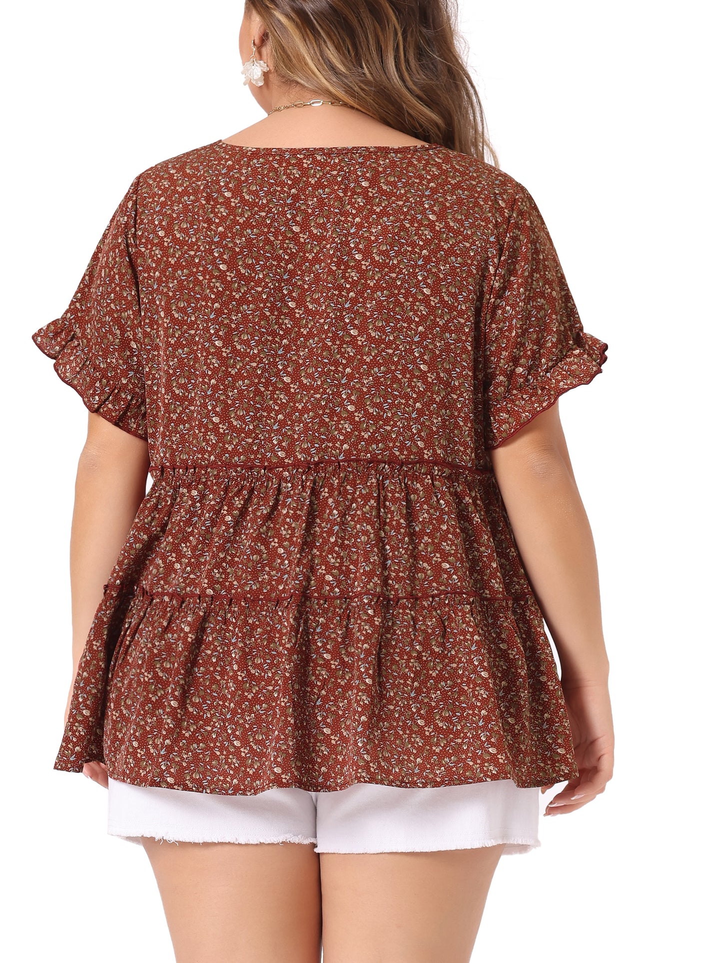 Women's Plus Size Blouse Summer Tops V Neck Short Sleeve Boho Floral Babydolls Blouse