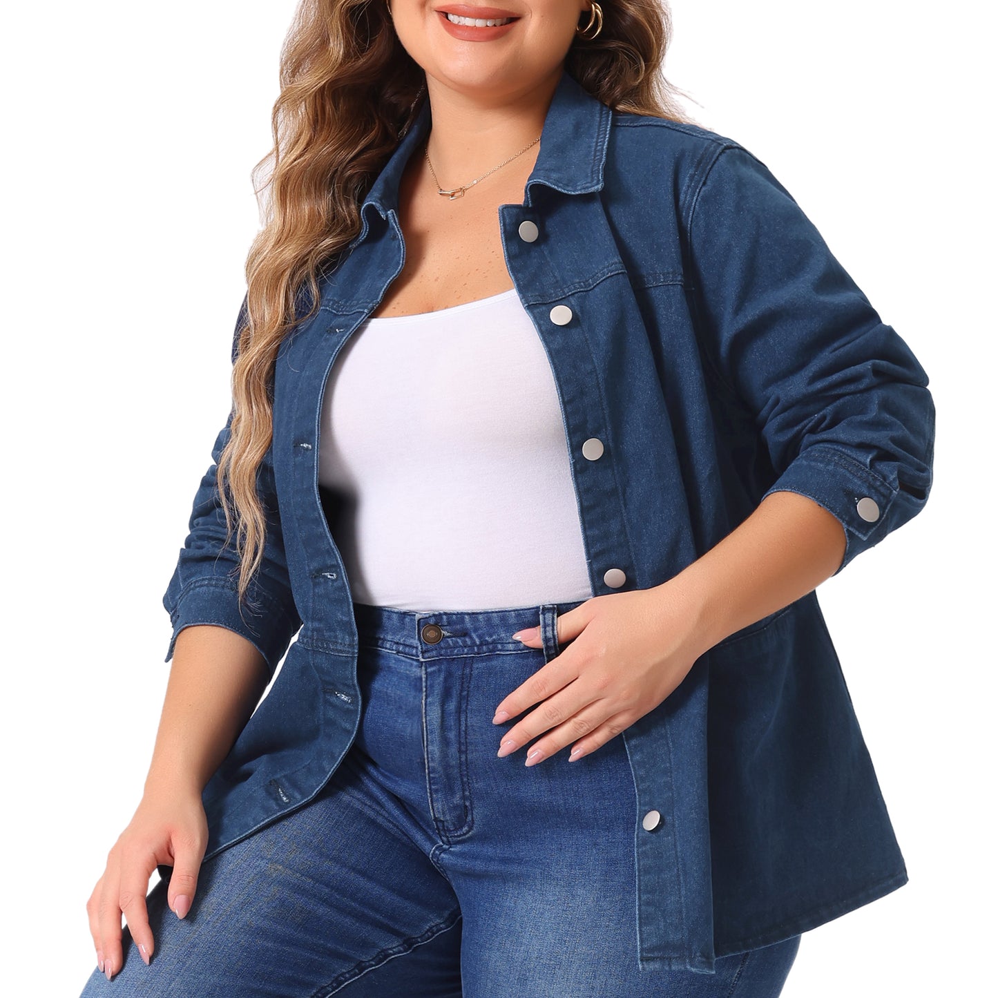 Women's Plus Size Denim Jackets Long Sleeves Front Washed Button With Pockets Jean Jacket