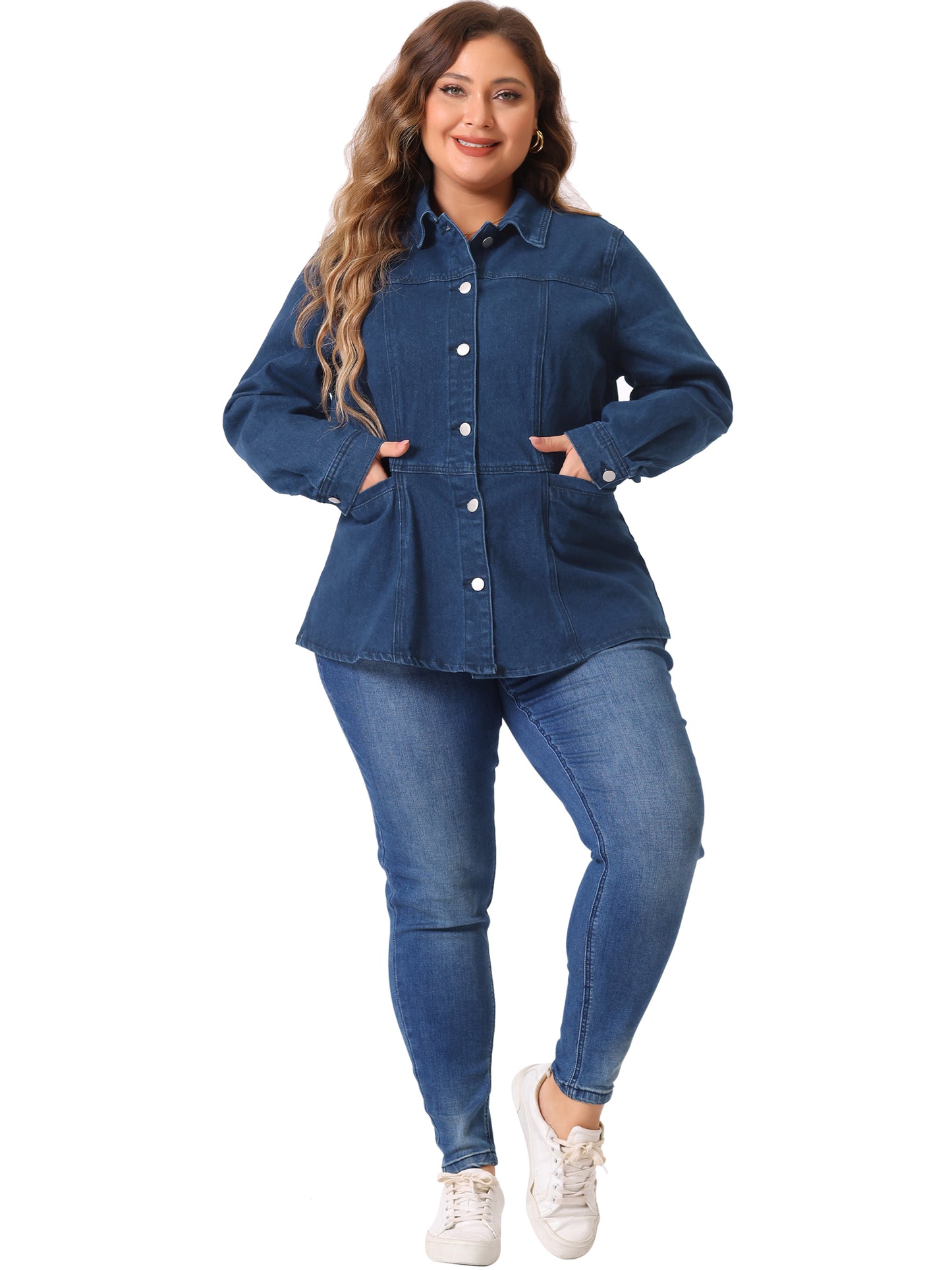 Women's Plus Size Denim Jackets Long Sleeves Front Washed Button With Pockets Jean Jacket