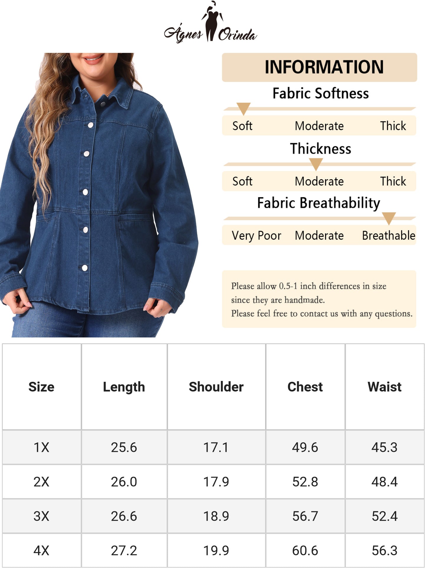 Women's Plus Size Denim Jackets Long Sleeves Front Washed Button With Pockets Jean Jacket