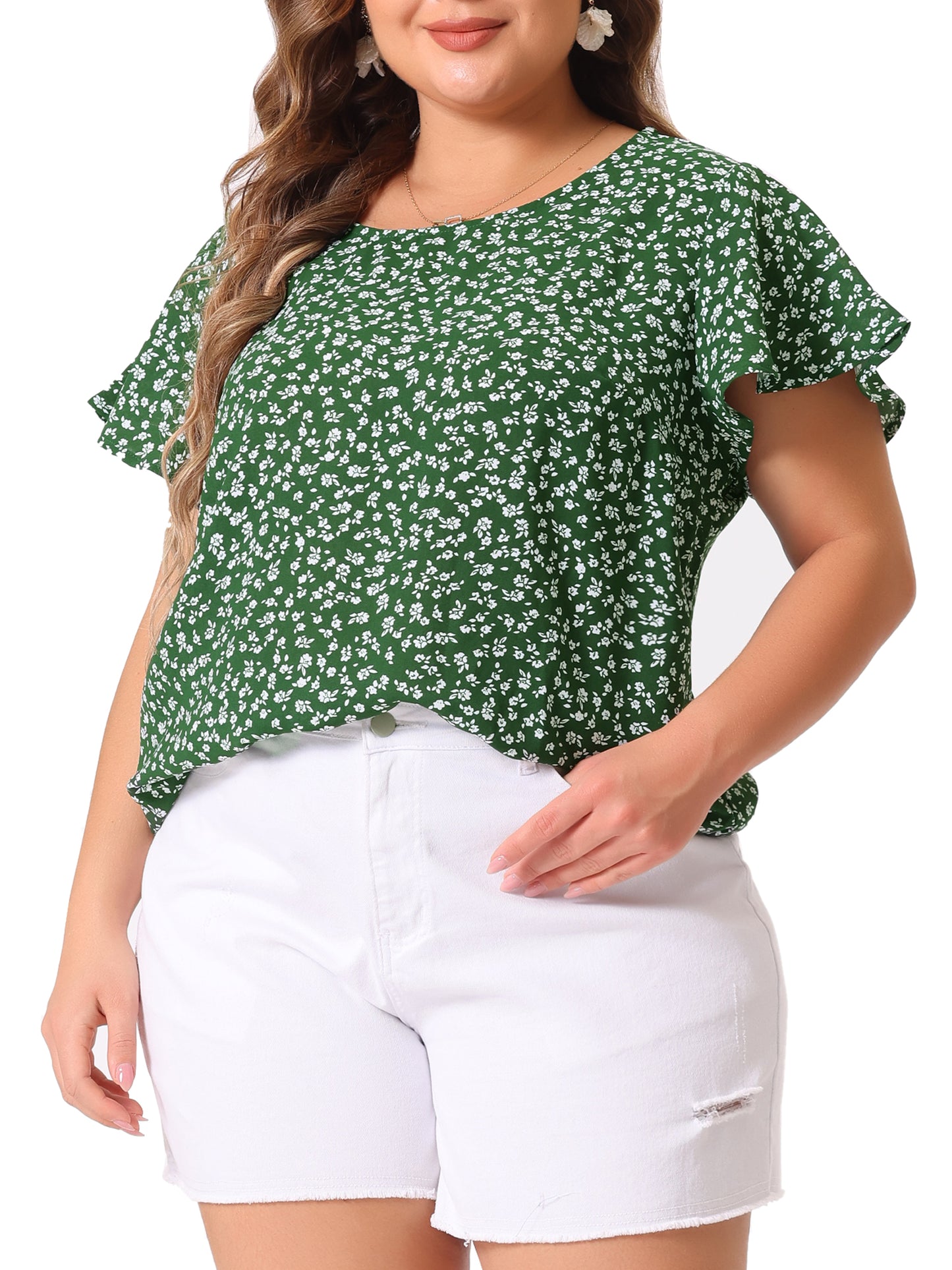 Women Plus Size Blouse Flare Sleeve Floral Print Peplum Top