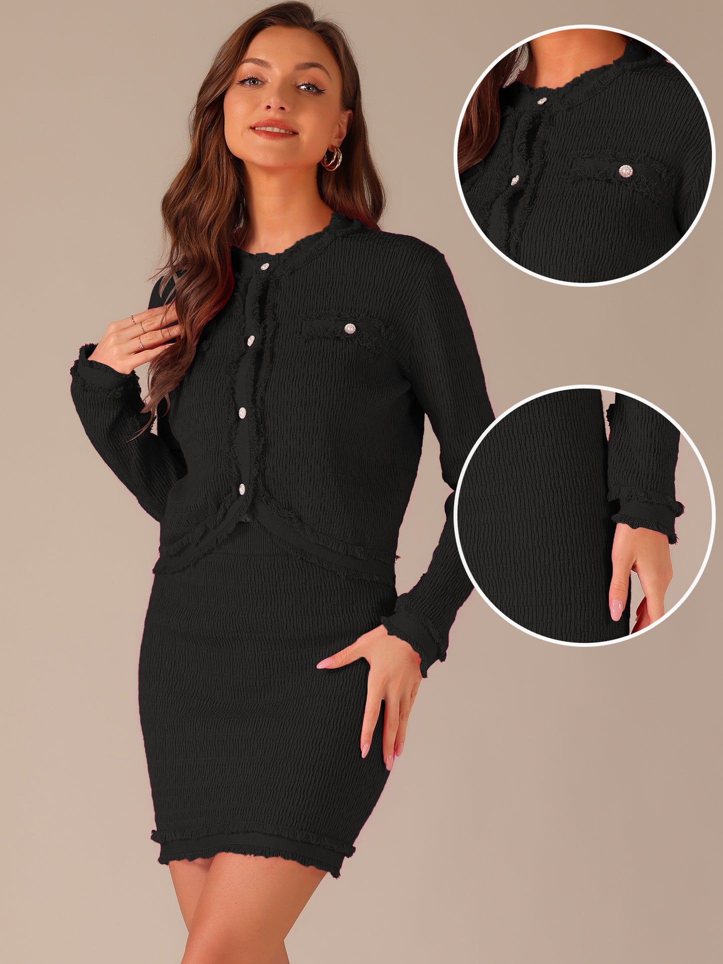 Women's 2 Piece Sweater Set Business Casual Knitted Long Sleeve Short Jacket Skirt
