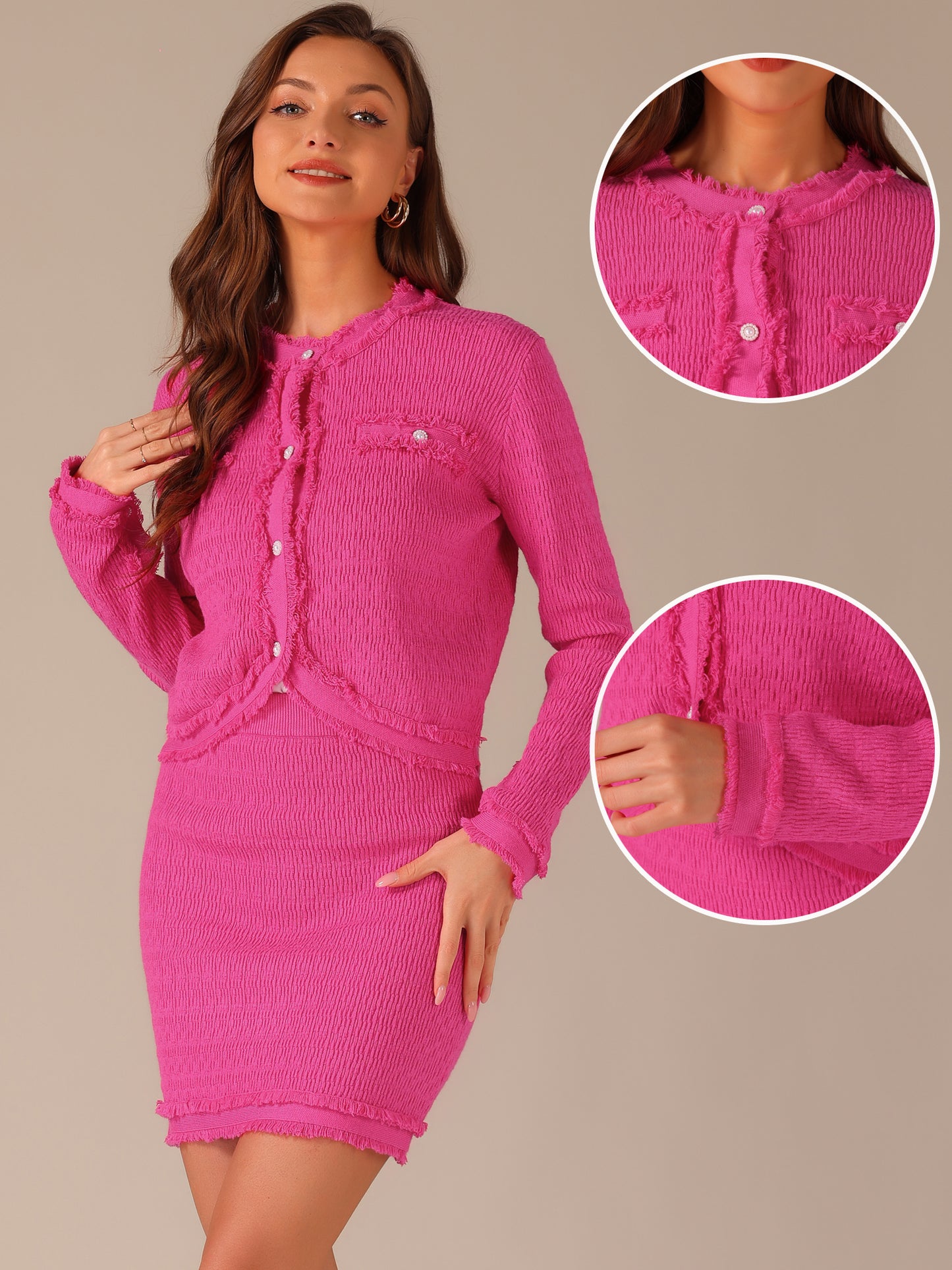 Women's 2 Piece Sweater Set Business Casual Knitted Long Sleeve Short Jacket Skirt
