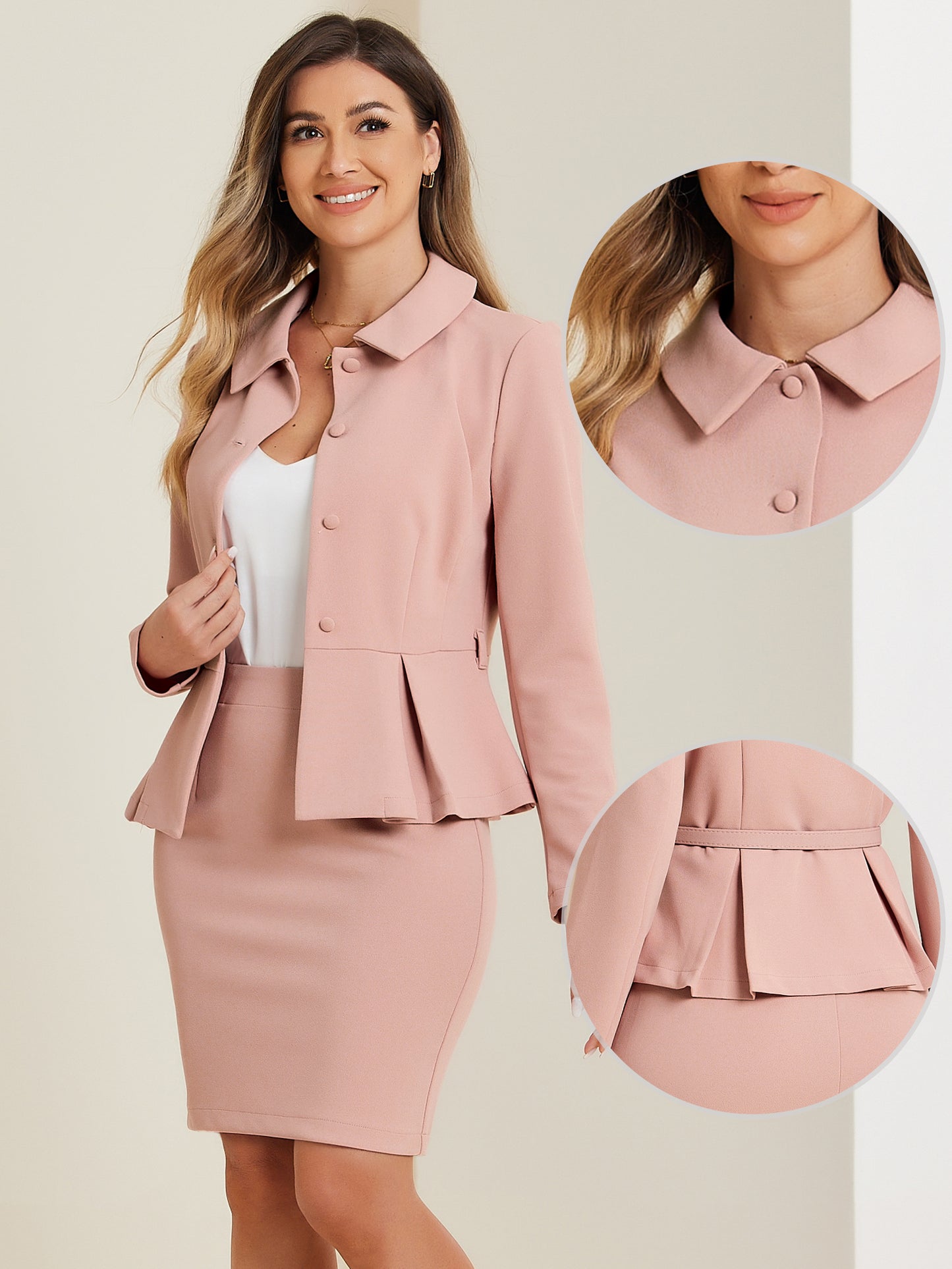 Women's Business Two Pieces Suit Set Peplum Blazer Jacket Mini Pencil Skirt