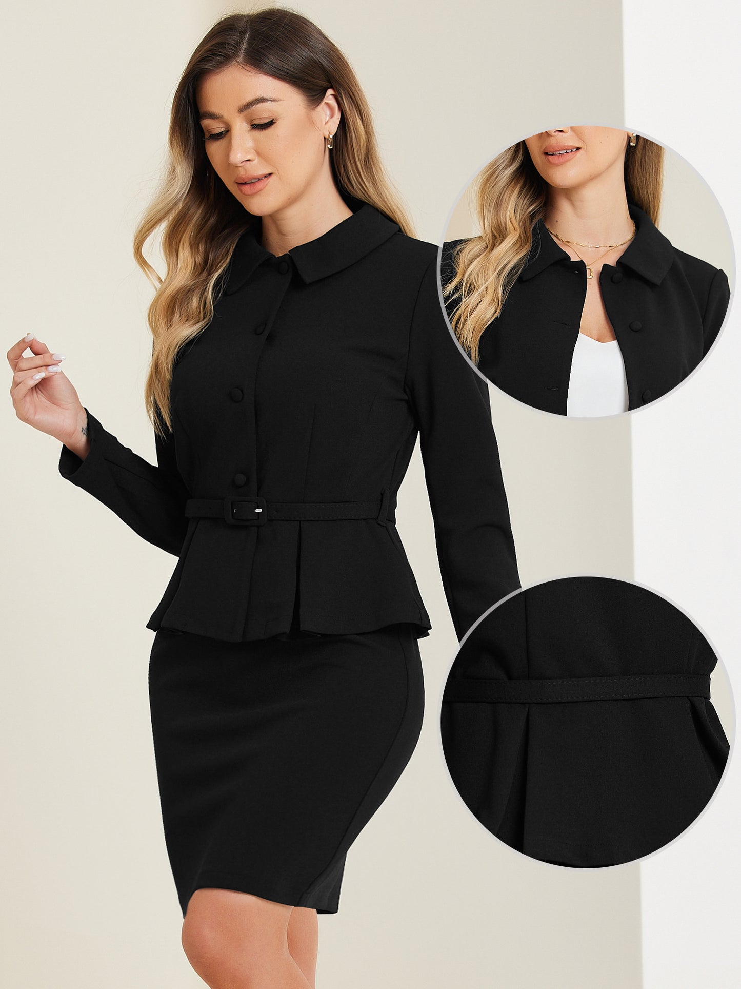 Women's Business Two Pieces Suit Set Peplum Blazer Jacket Mini Pencil Skirt