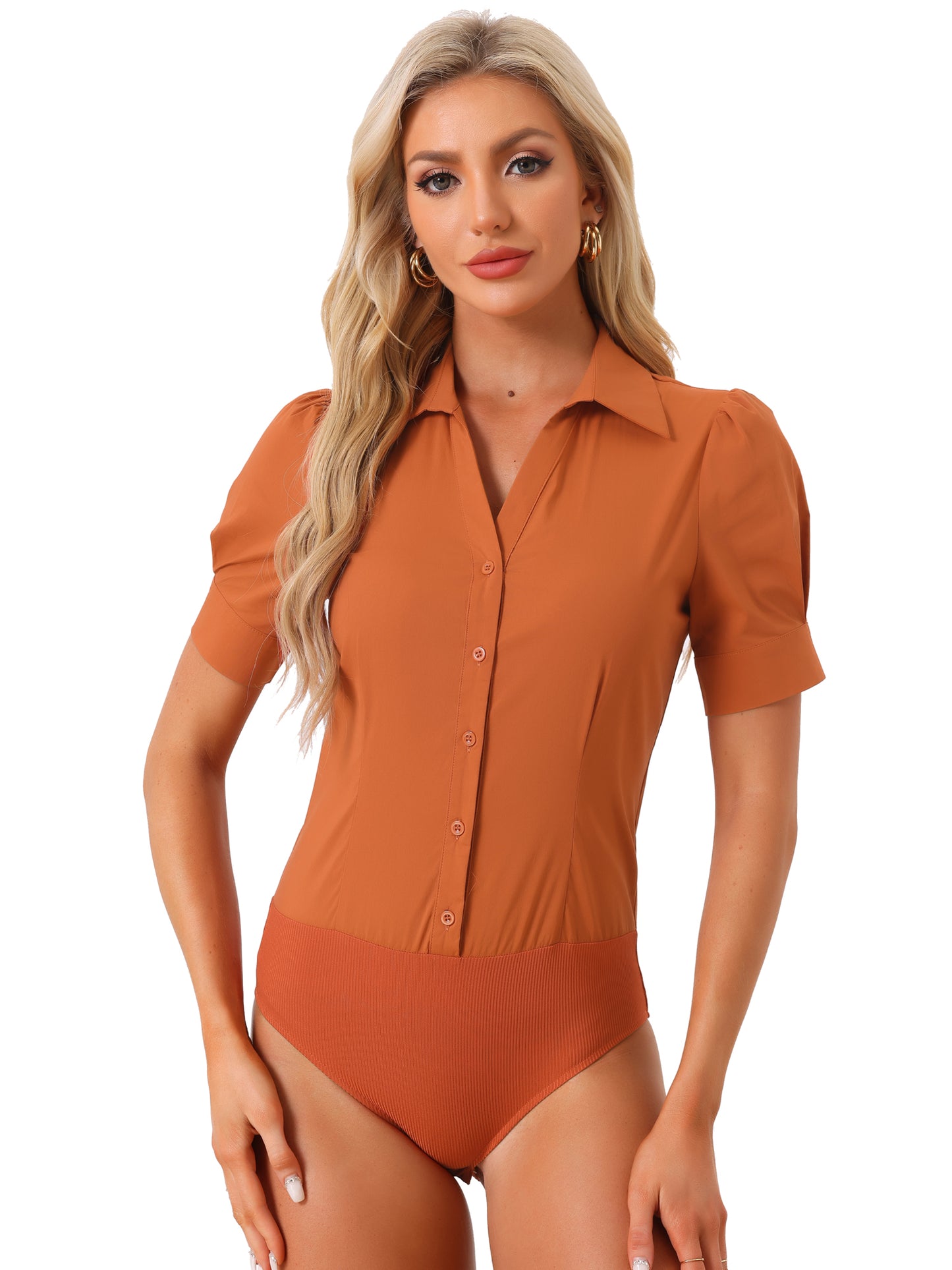 Women's Button Down Leotard Shirt Short Sleeve Collared Business Work Bodysuit Top