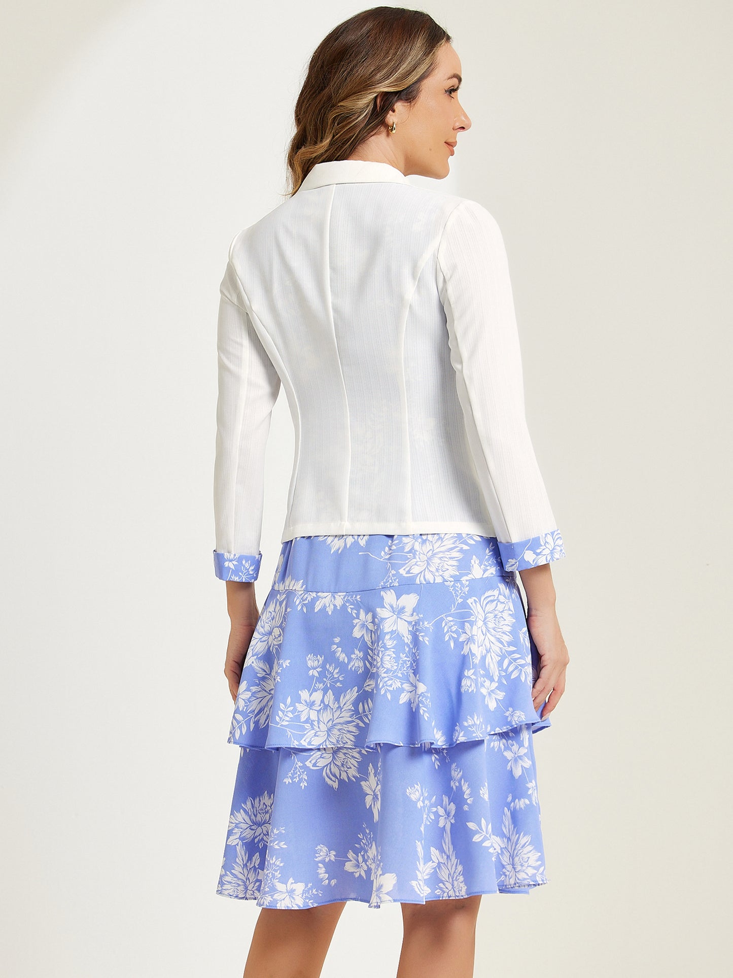 Women's Dress Suit Set Chiffon V Neck Floral Print Dress Contrast Panel Work Blazer