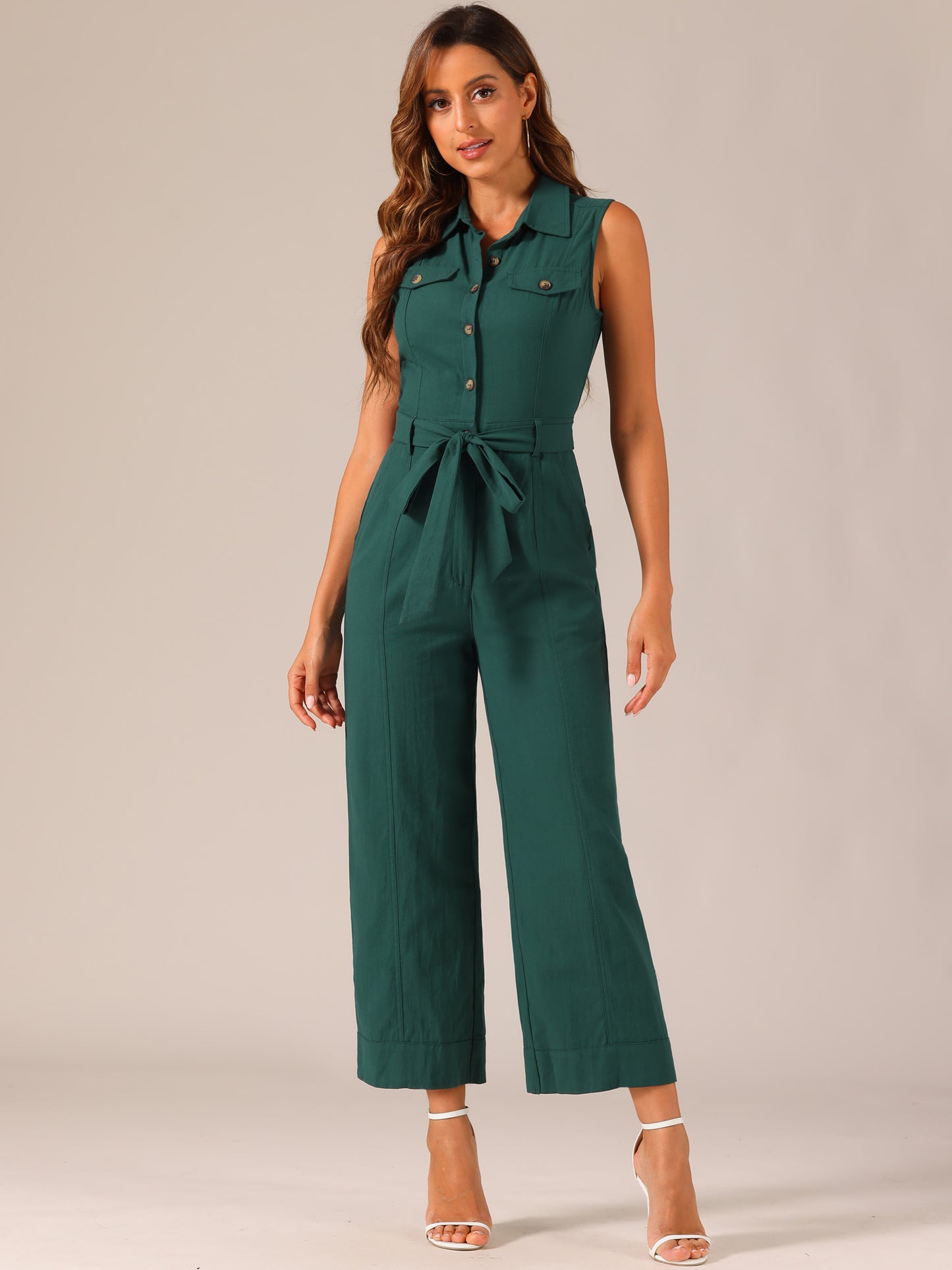 Mono de pierna ancha para mujer, sin mangas, con cuello y lazo en la cintura, con botones y cargo