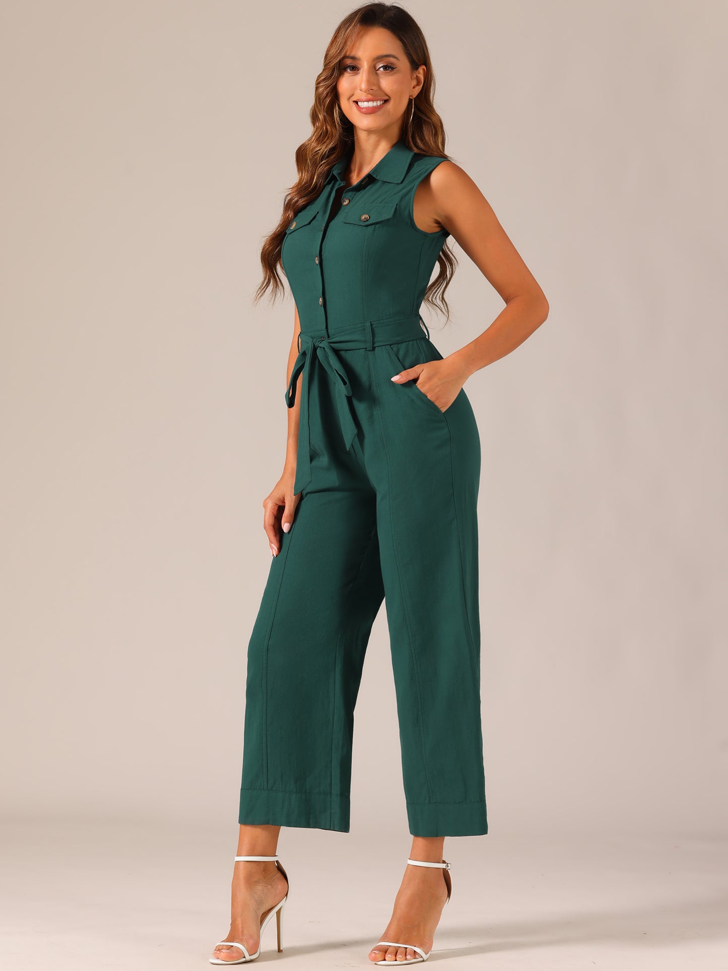 Mono de pierna ancha para mujer, sin mangas, con cuello y lazo en la cintura, con botones y cargo