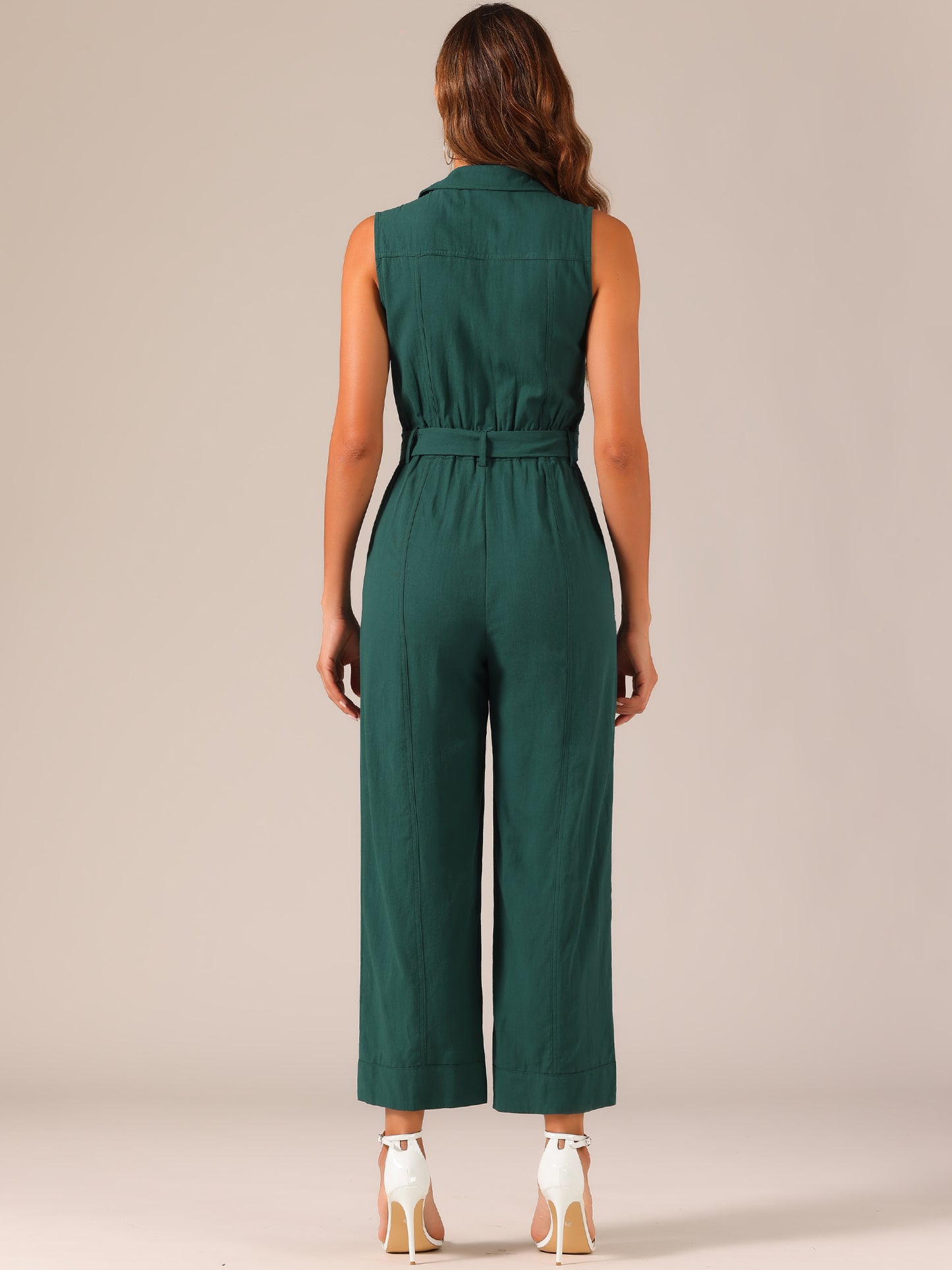 Mono de pierna ancha para mujer, sin mangas, con cuello y lazo en la cintura, con botones y cargo