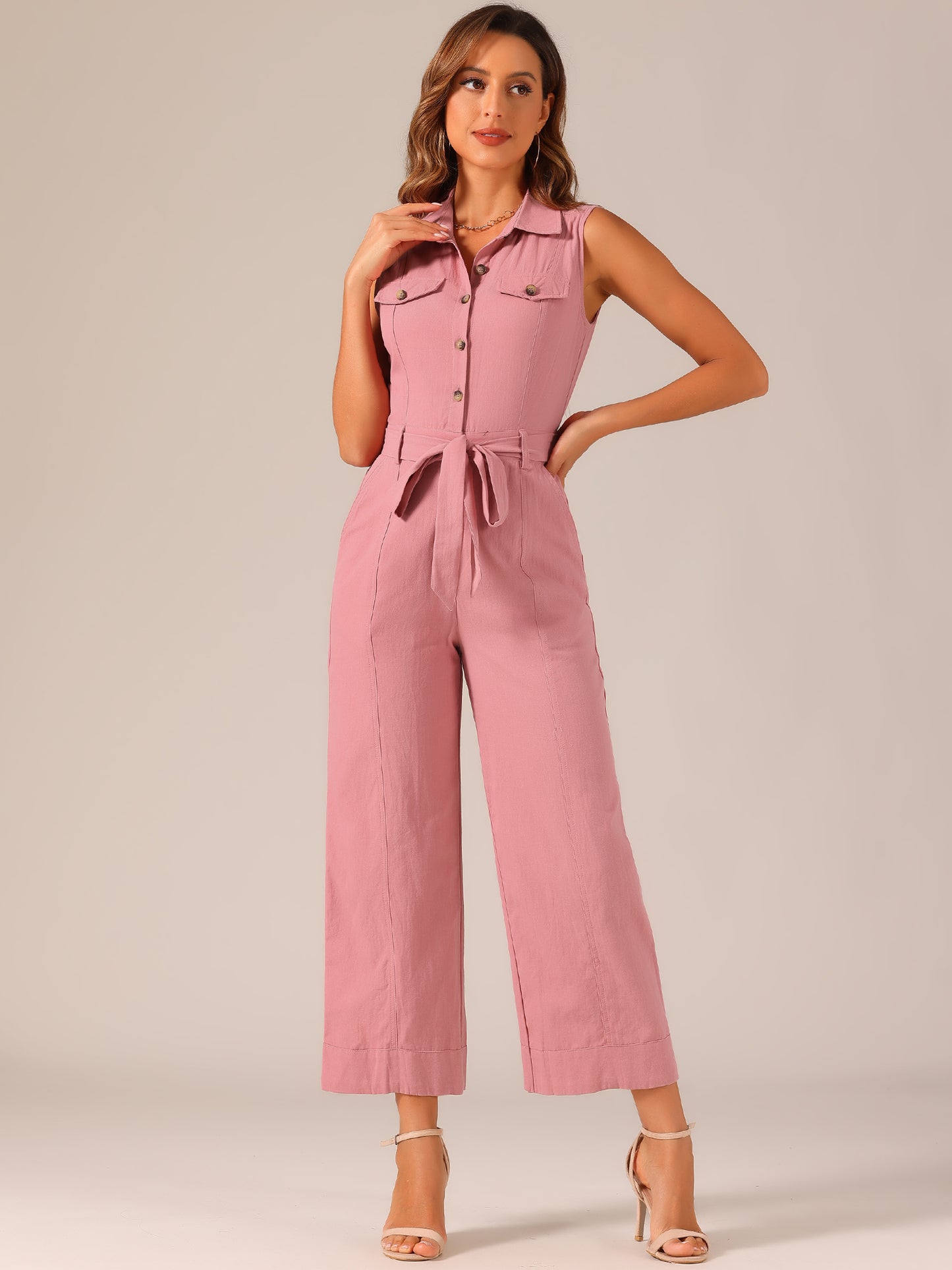 Mono de pierna ancha para mujer, sin mangas, con cuello y lazo en la cintura, con botones y cargo