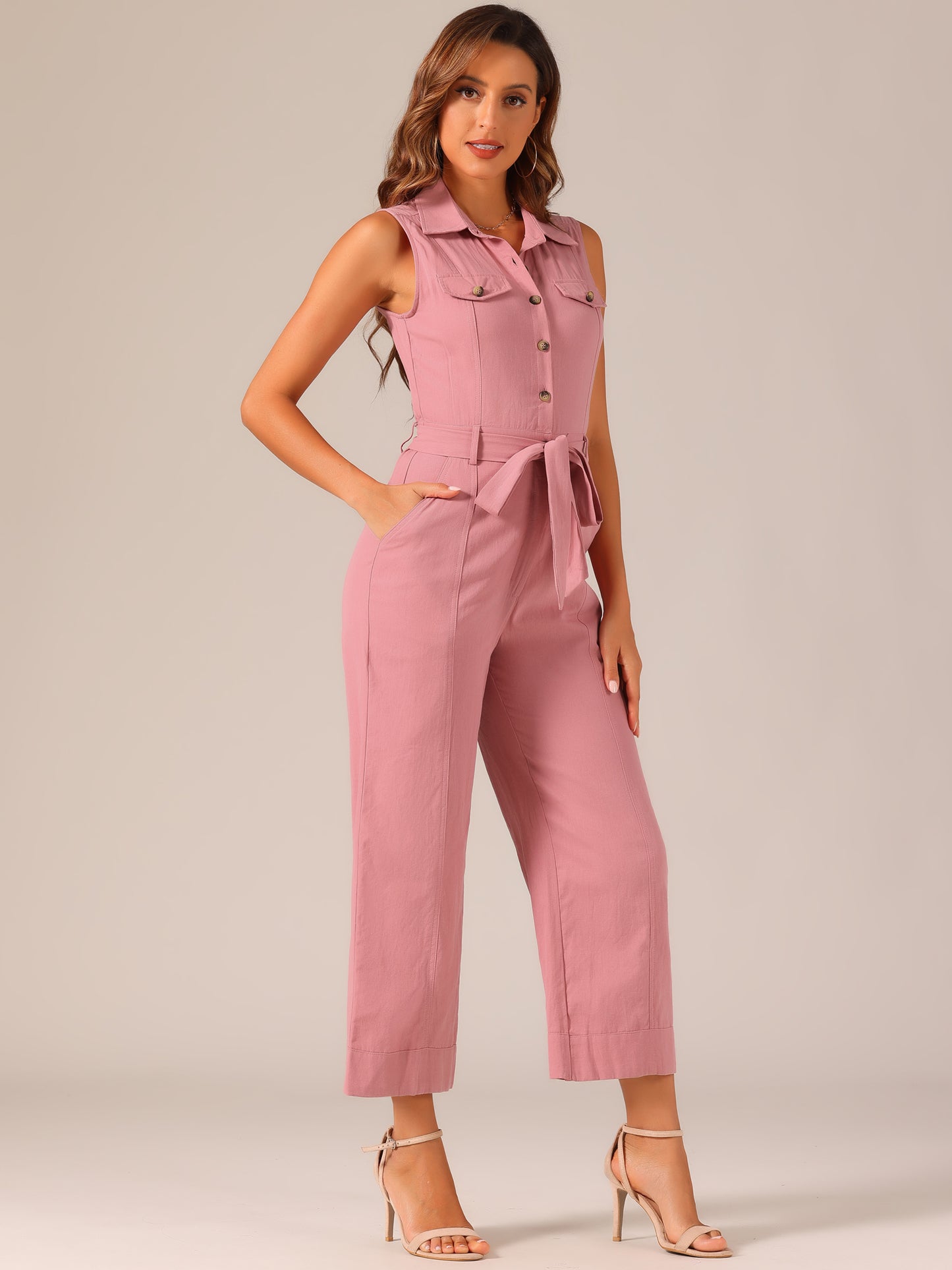 Mono de pierna ancha para mujer, sin mangas, con cuello y lazo en la cintura, con botones y cargo