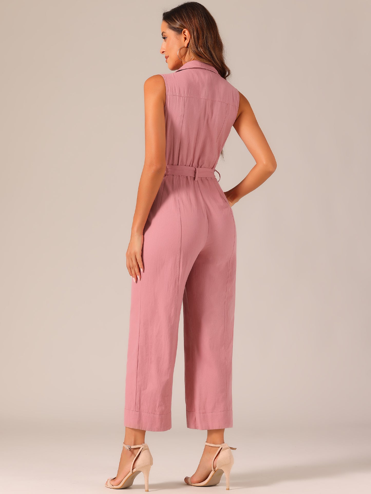 Mono de pierna ancha para mujer, sin mangas, con cuello y lazo en la cintura, con botones y cargo