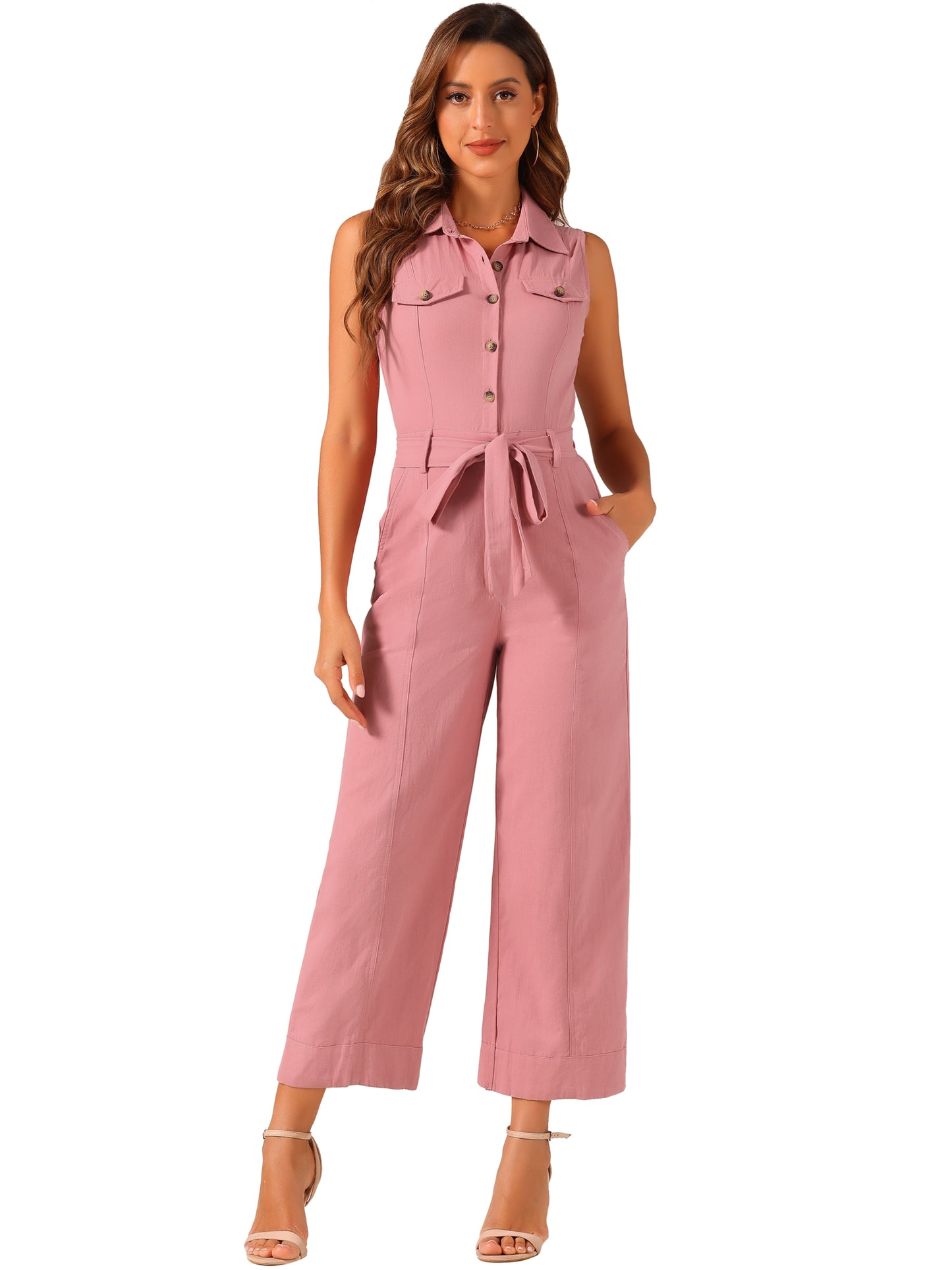 Mono de pierna ancha para mujer, sin mangas, con cuello y lazo en la cintura, con botones y cargo